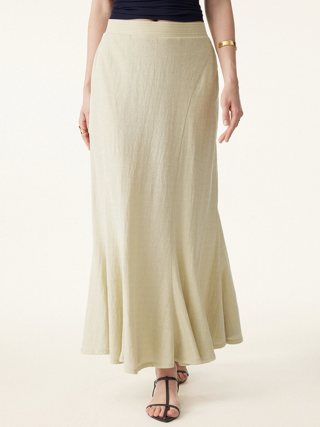 OGLmove Wrinkle-Resistant Cotton-Linen Pull-On Midi Skirt