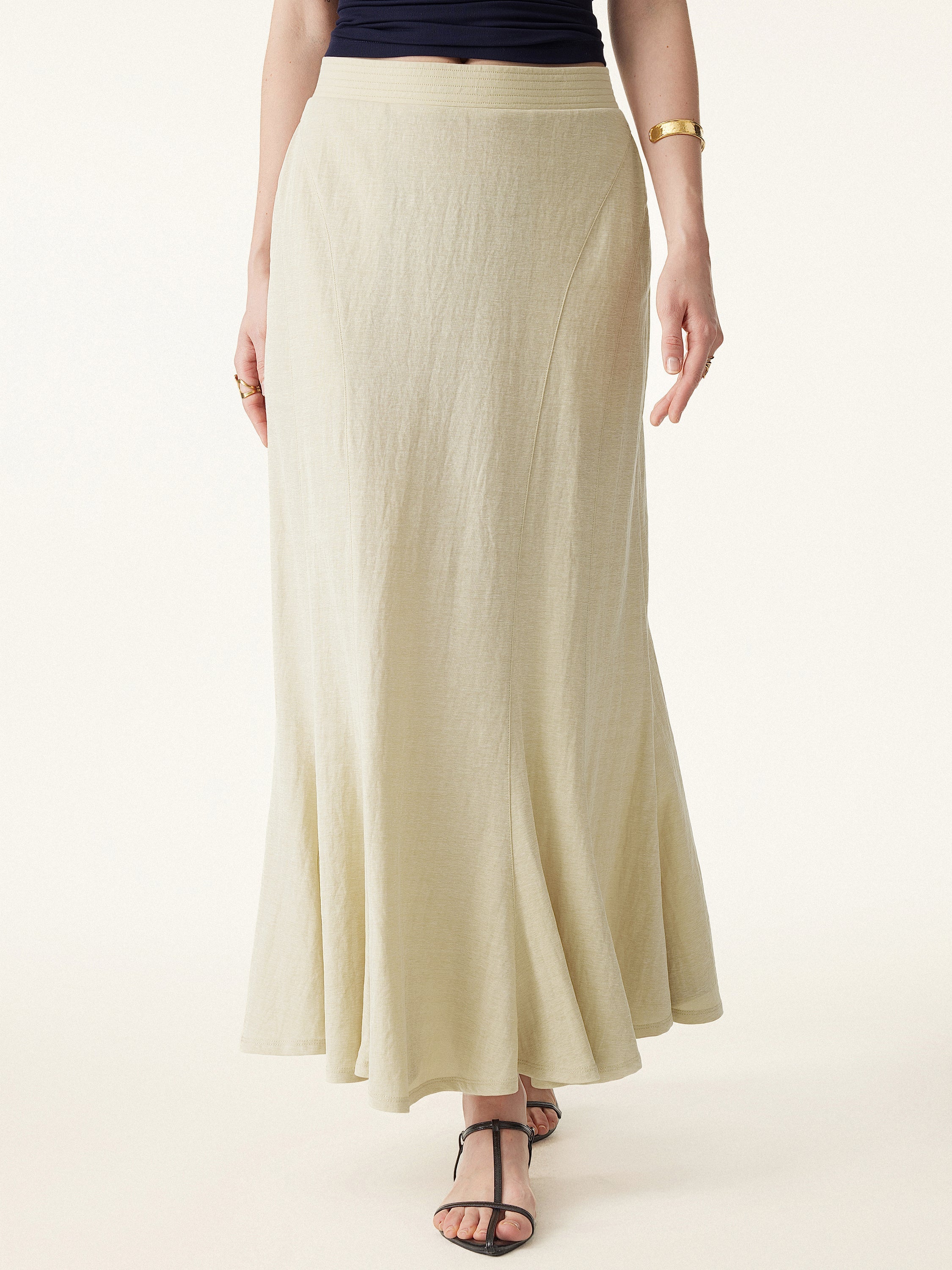 OGLmove Wrinkle-Resistant Cotton-Linen Pull-On Midi Skirt