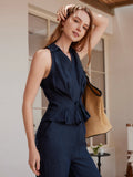 OGLmove Collared V-Neck Pleated Sleeveless Top with Drawstring