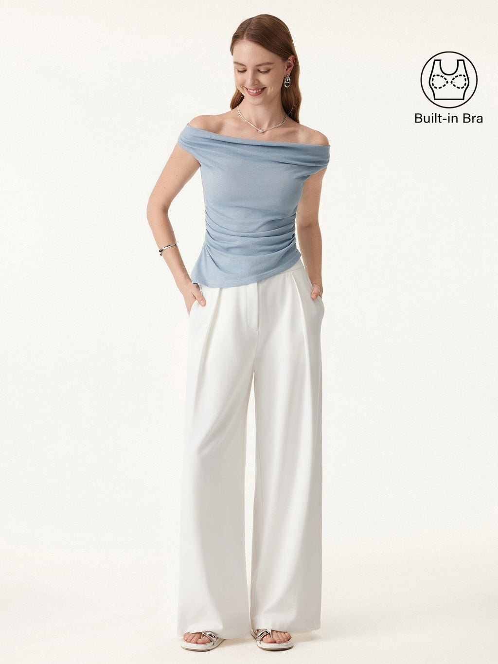 OGLmove Off Shoulder Cotton-Linen Gathered Airy Bra Tank