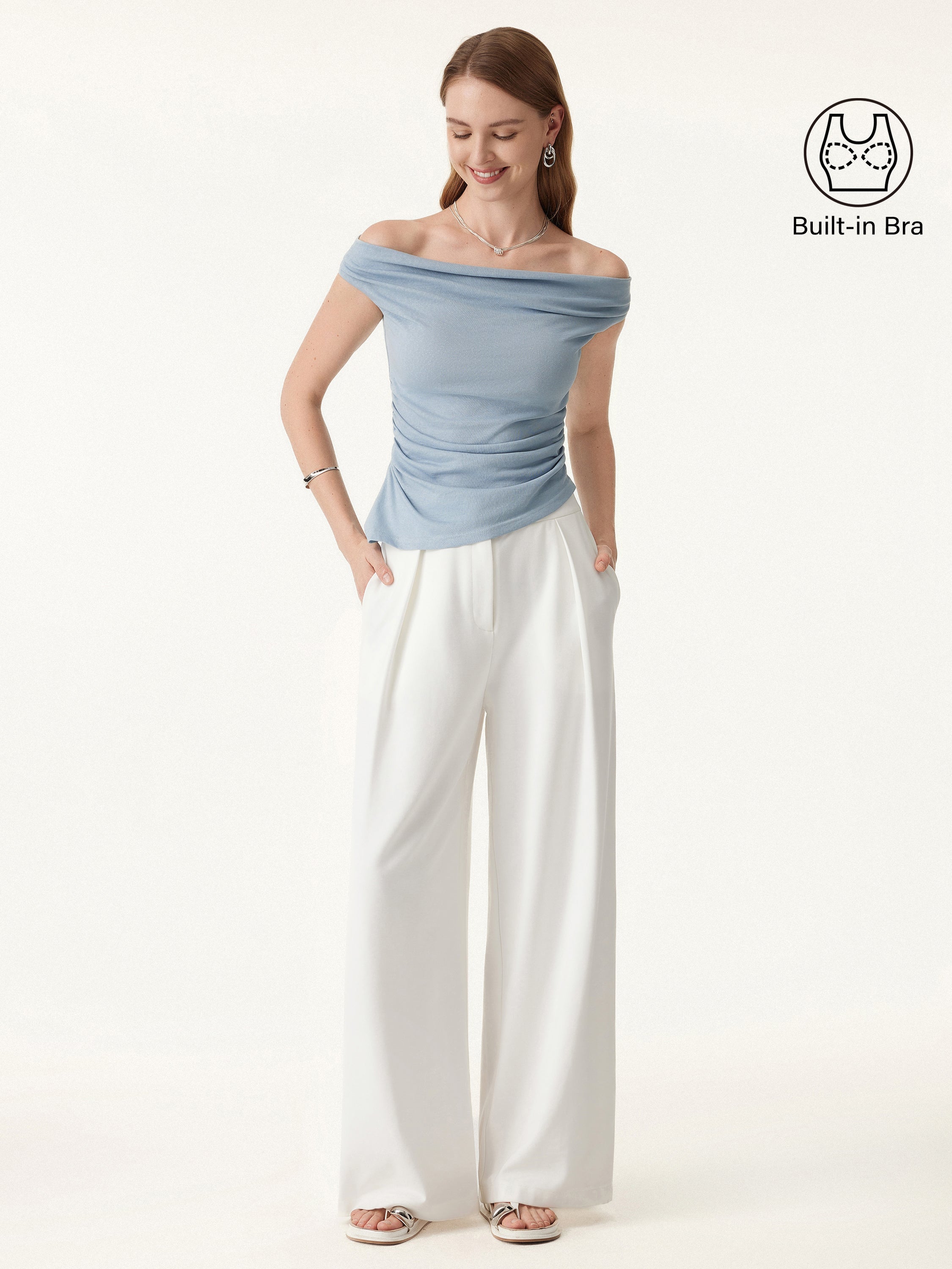OGLmove Off Shoulder Cotton-Linen Gathered Airy Bra Tank