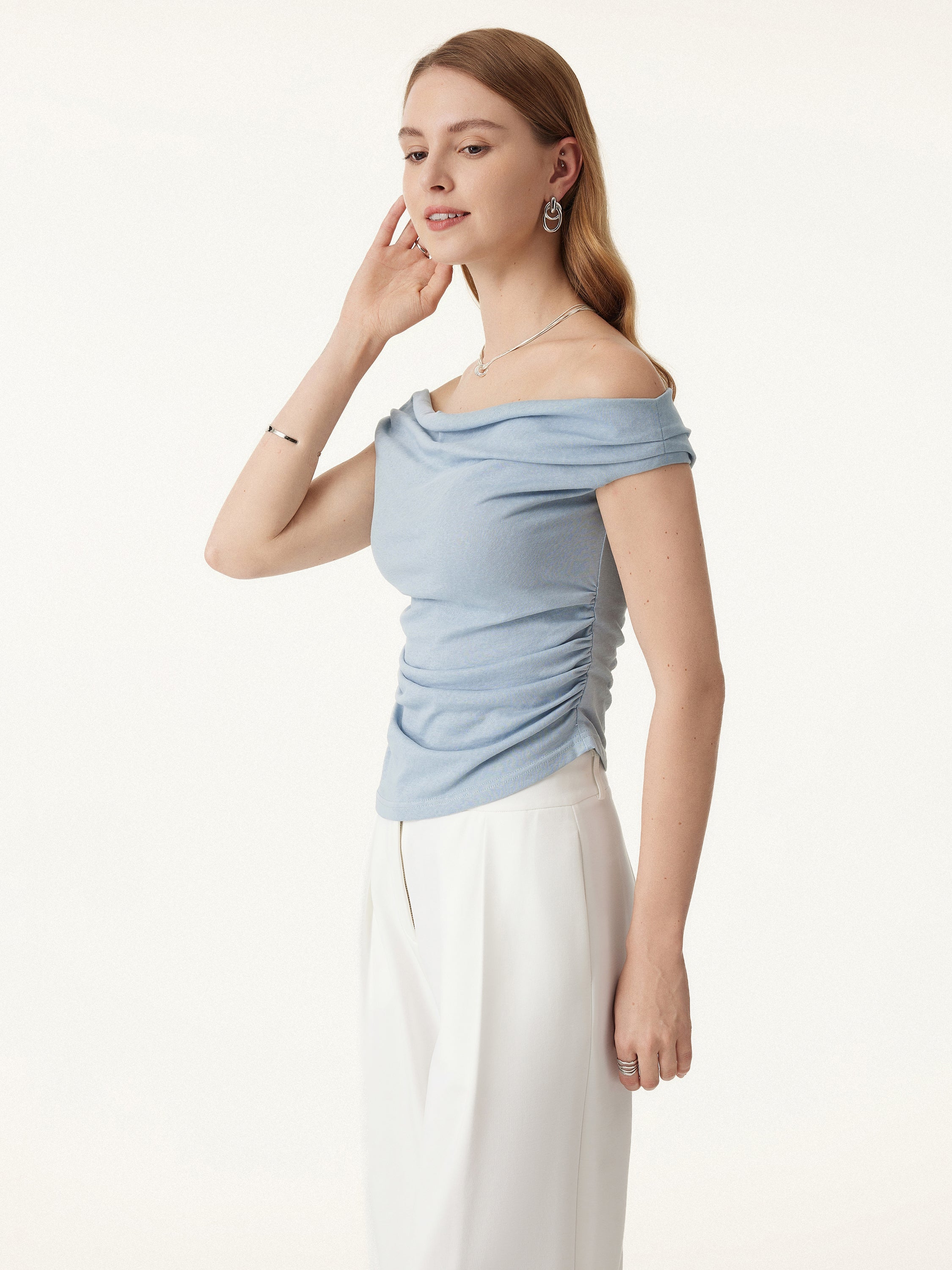 OGLmove Off Shoulder Cotton-Linen Gathered Airy Bra Tank