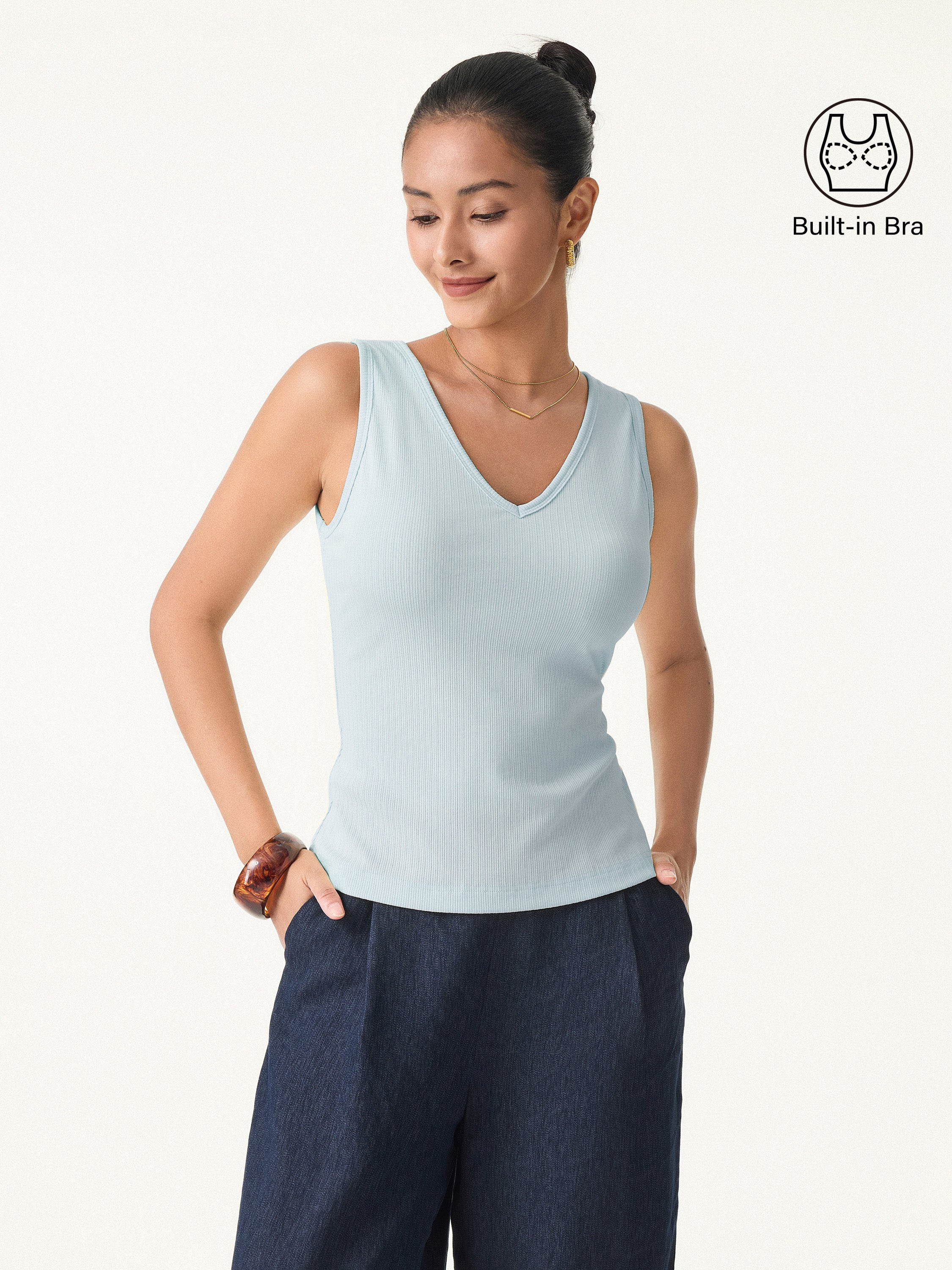 OGLmove Women's Pointelle V-Neck Sleeveless Bra Tank