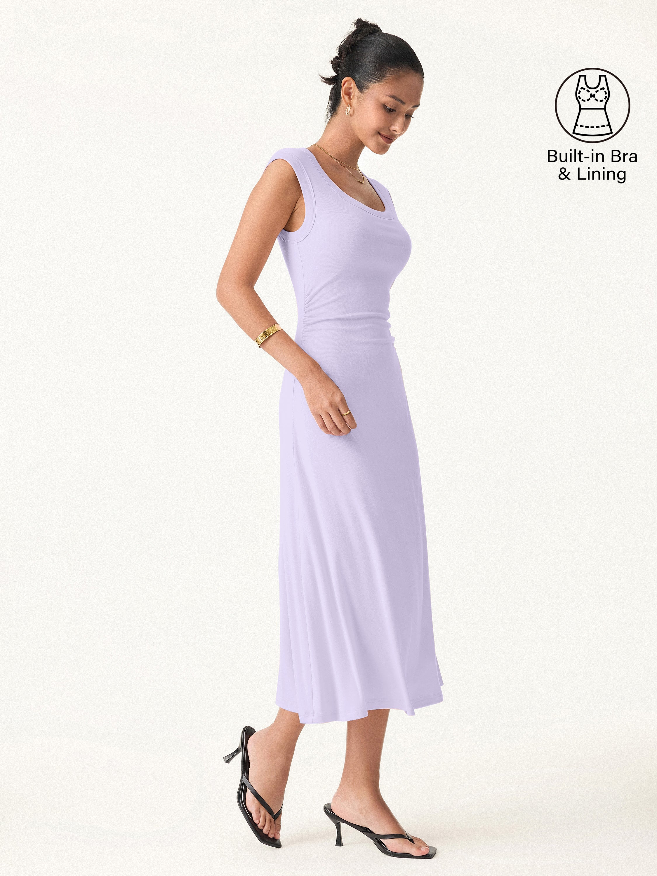 OGLmove Scoop Neck Side Ruched Airy Bra Midi Dress