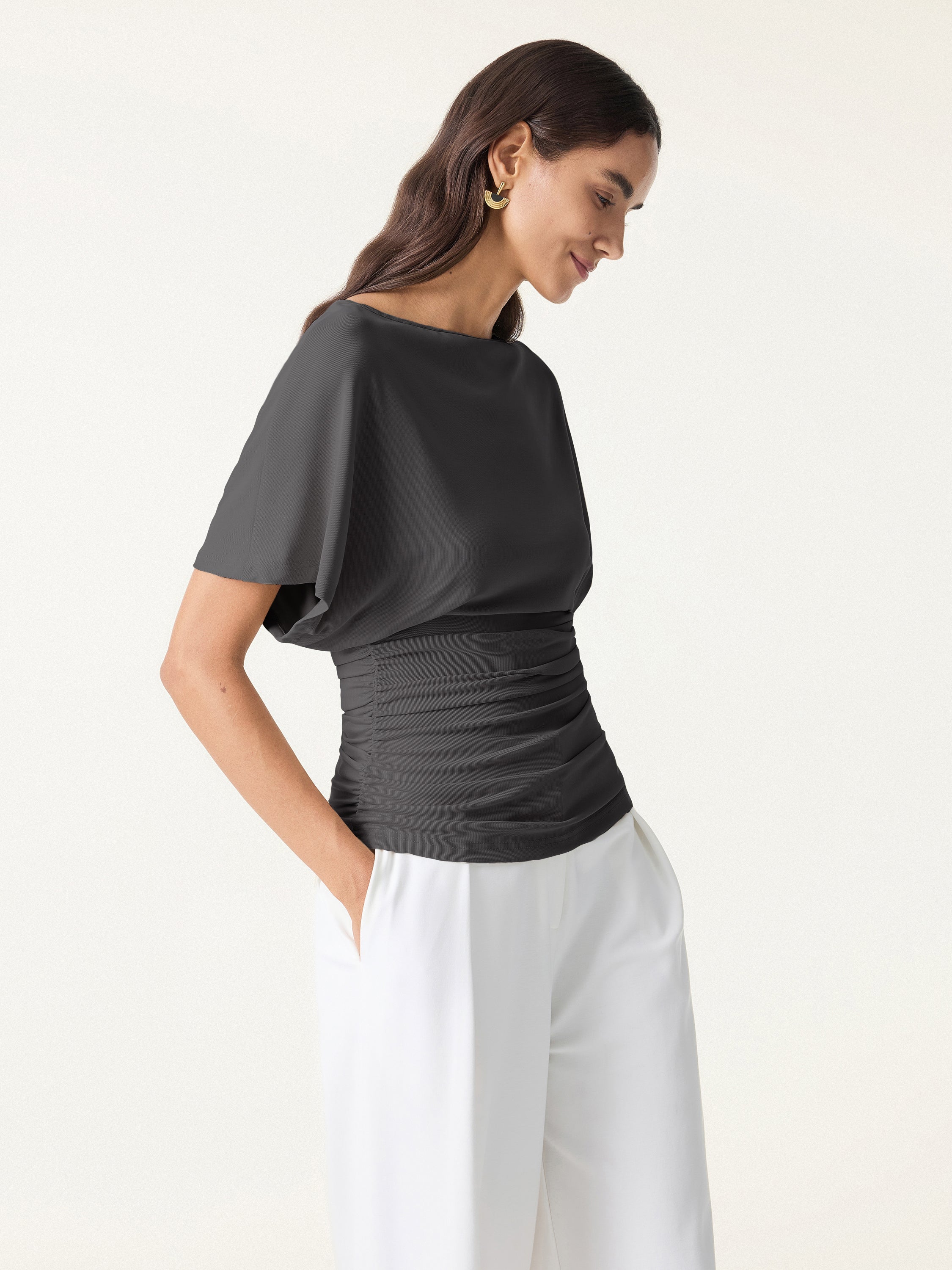 OGLmove Boatneck Batwing Sleeve Side Ruched Top