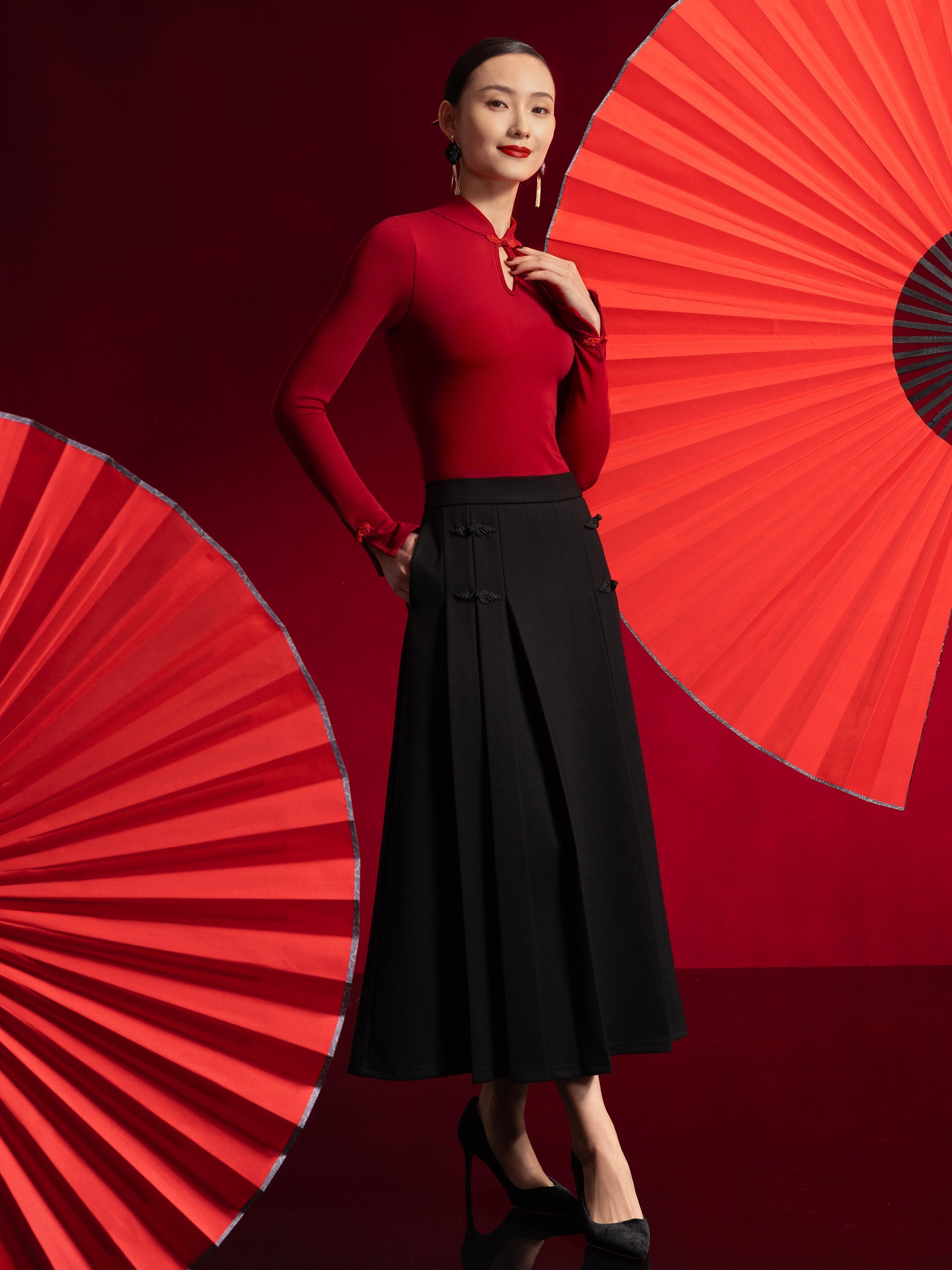 OGLmove Pleated Frog Button Decor A-Line Midi Skirt