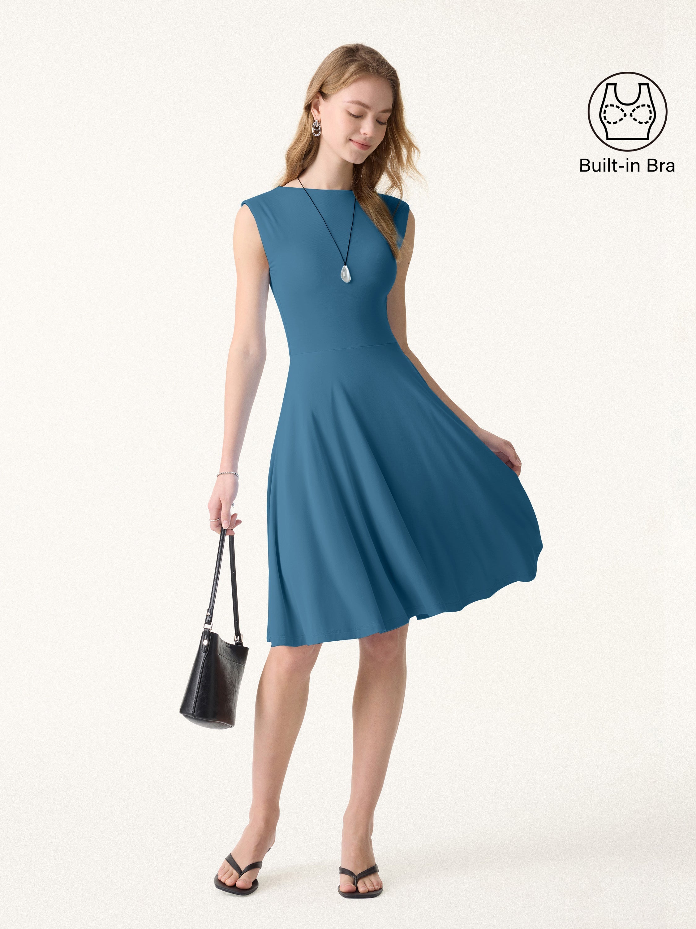 OGLmove Women's Boatneck Wide Shoulder Bra Dress with Pockets