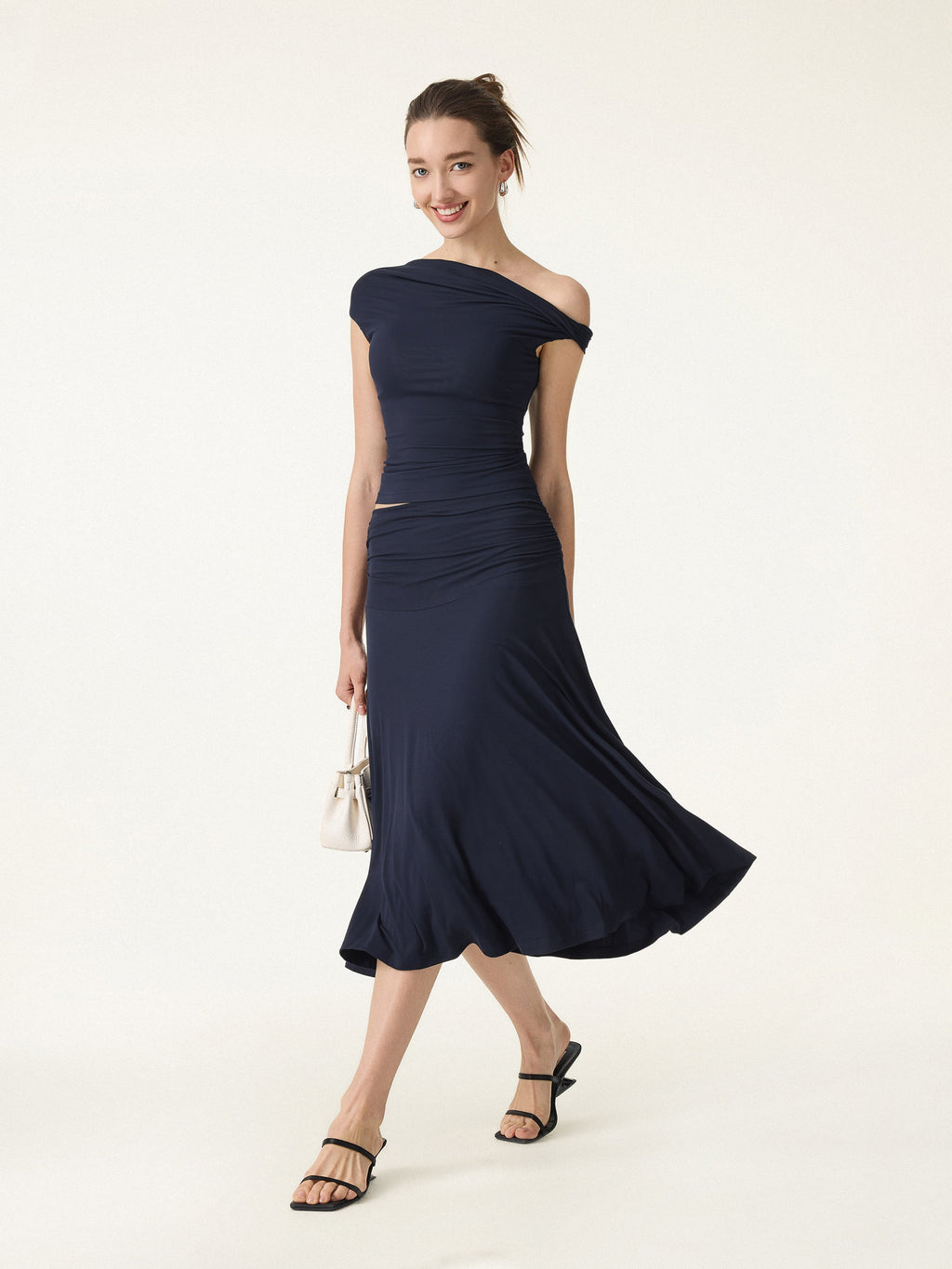 OGLmove 2Pcs Set Multi-Wear Bra Top & Side Ruched A-Line Midi Skirt