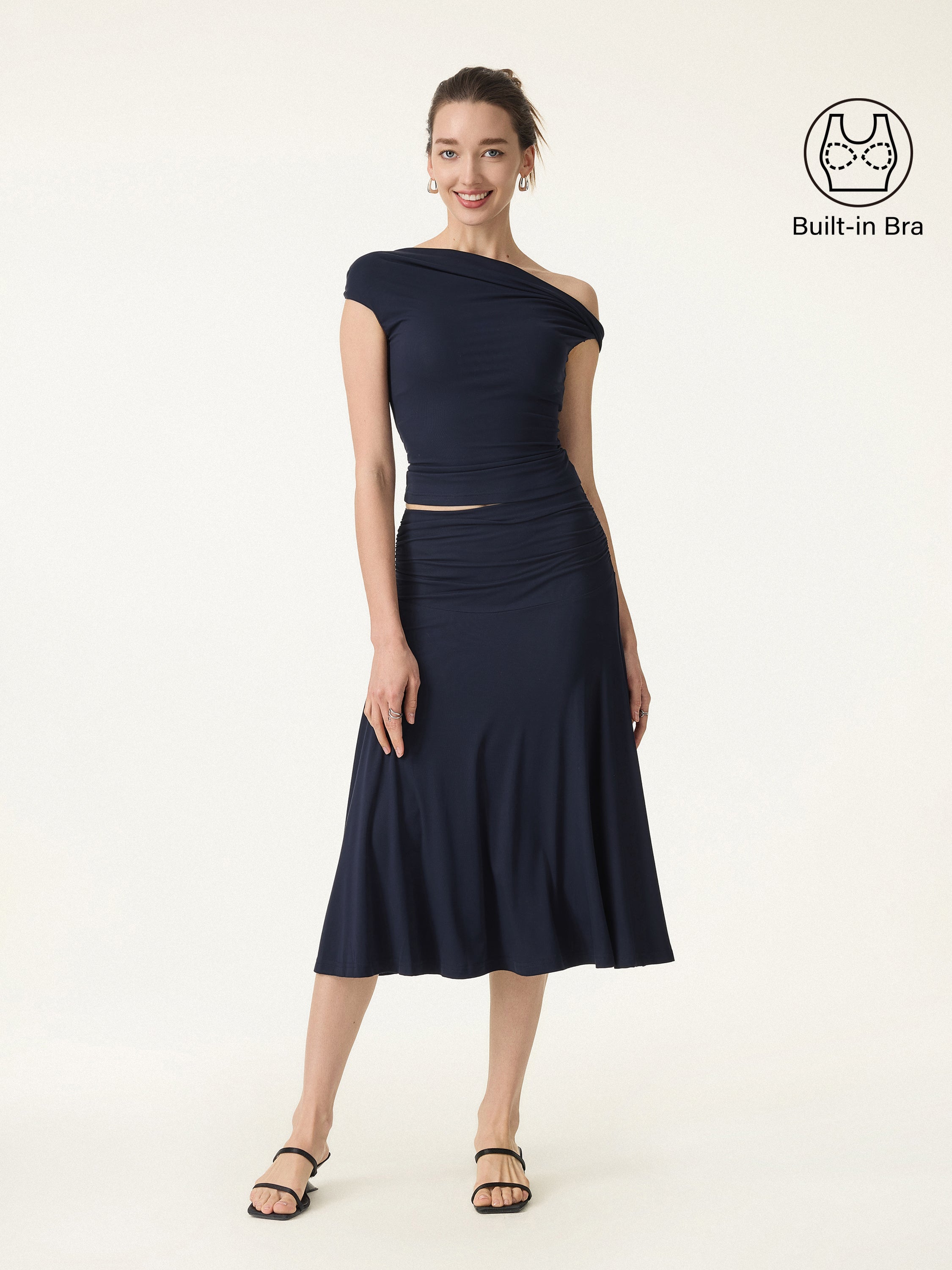 OGLmove Multi-wear Bra Top & Side Ruched Midi Skirt Set
