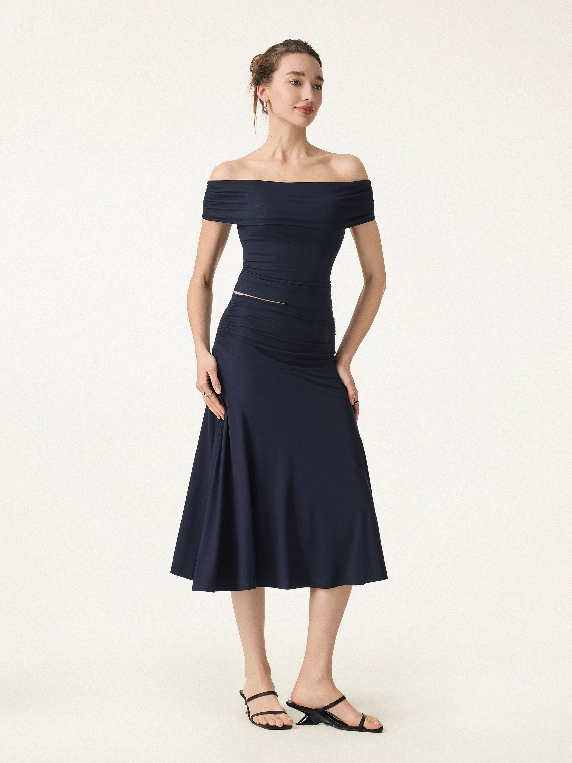 OGLmove 2Pcs Set Multi-Wear Bra Top & Side Ruched A-Line Midi Skirt