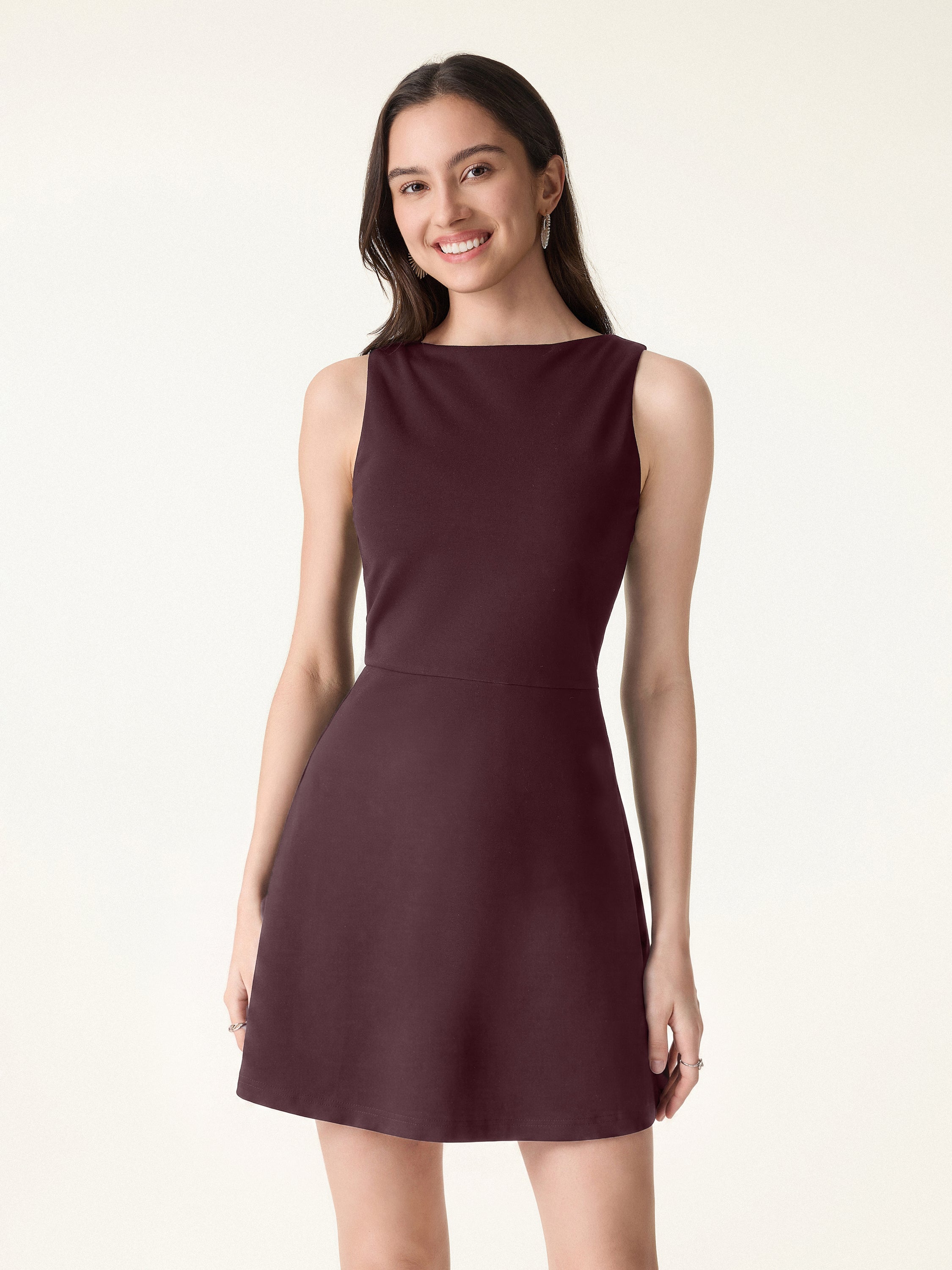 OGLmove Women's Boatneck Fit-and-Flare Mini Bra Dress with Pockets
