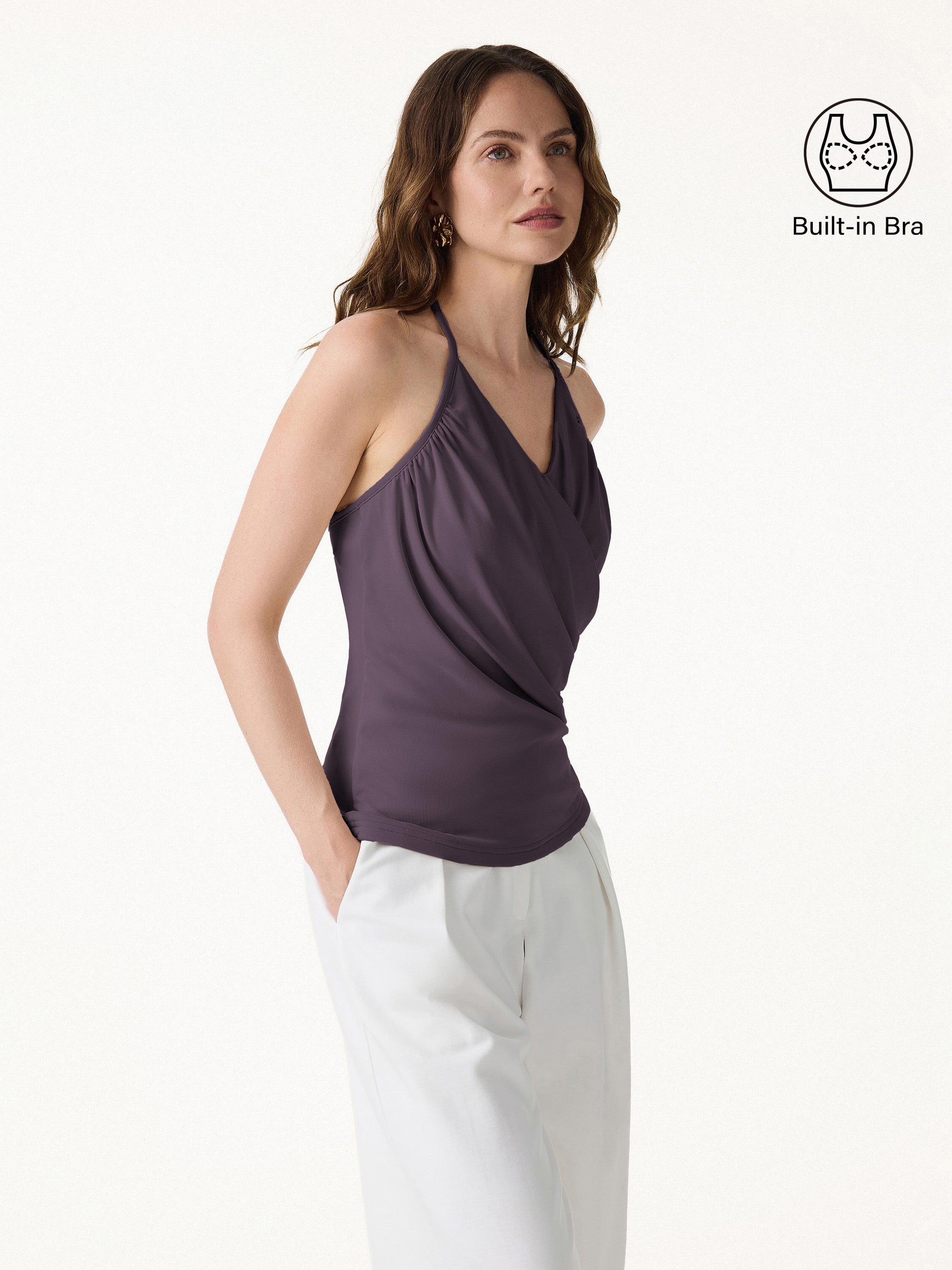 OGLmove Modal Halter Neck Surplice Ruched Bandless Bra Top