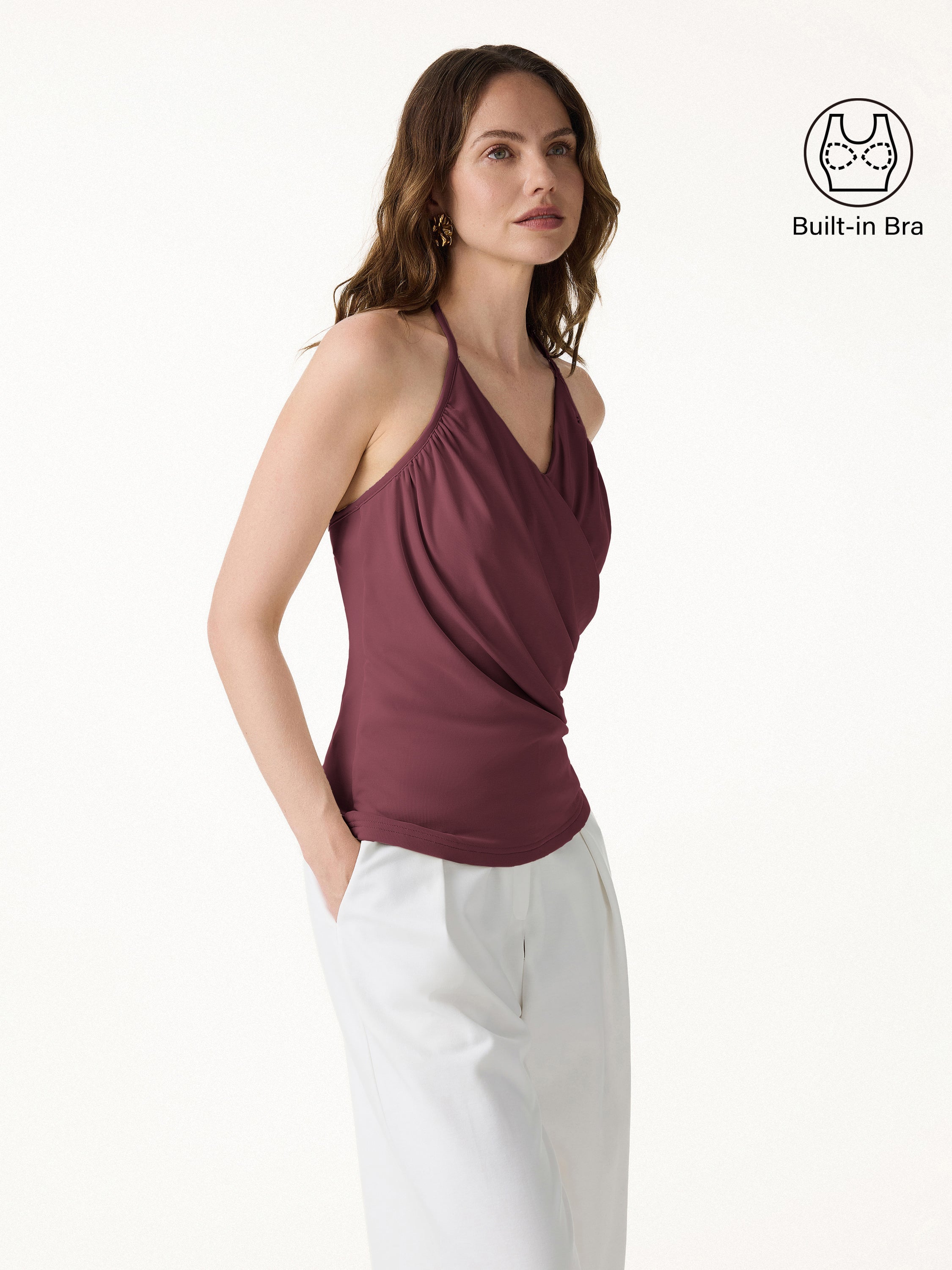OGLmove Modal Halter Neck Surplice Ruched Bandless Bra Top