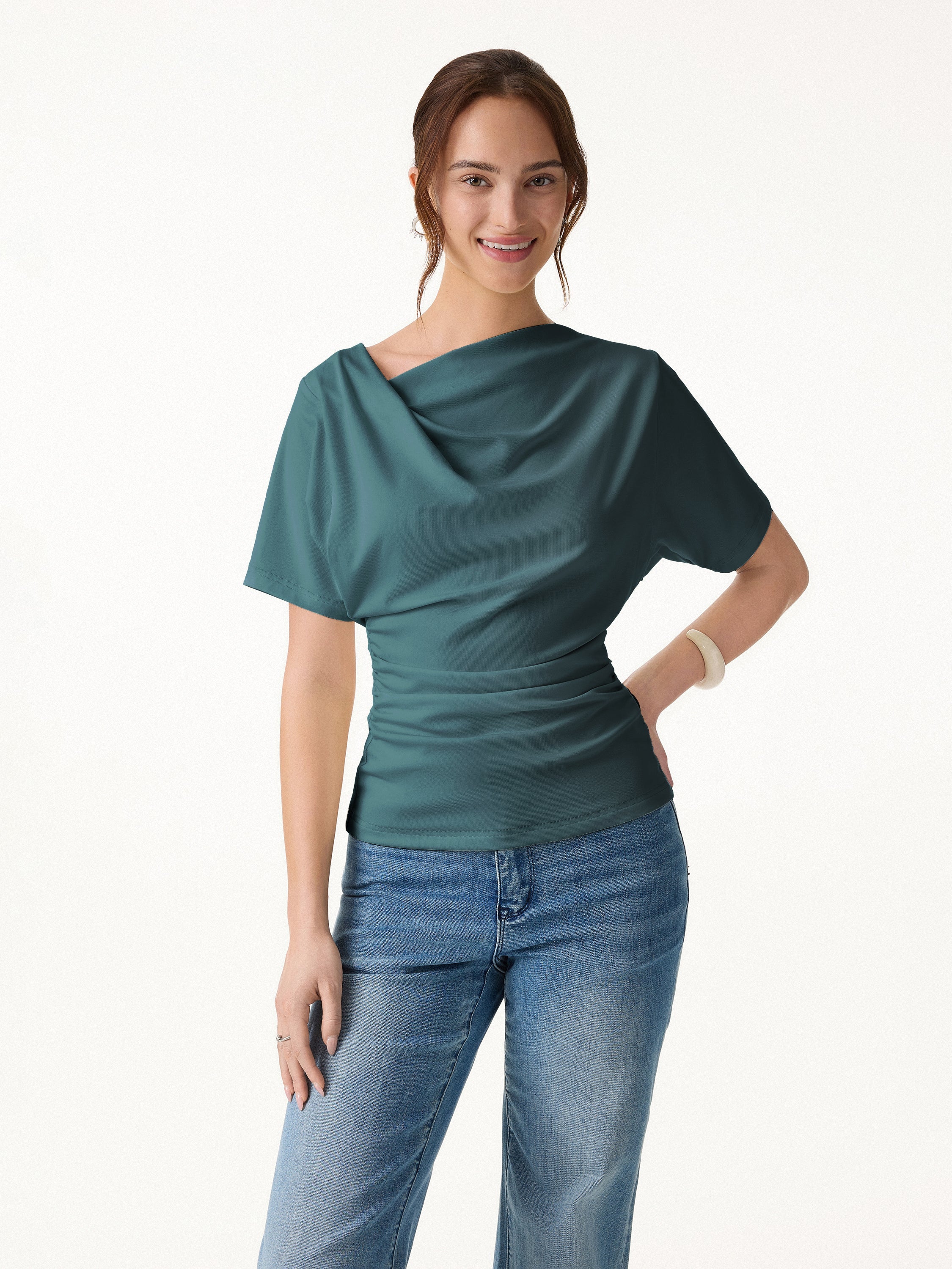OGLmove Asymmetrical Cowl Neck Ruched Top