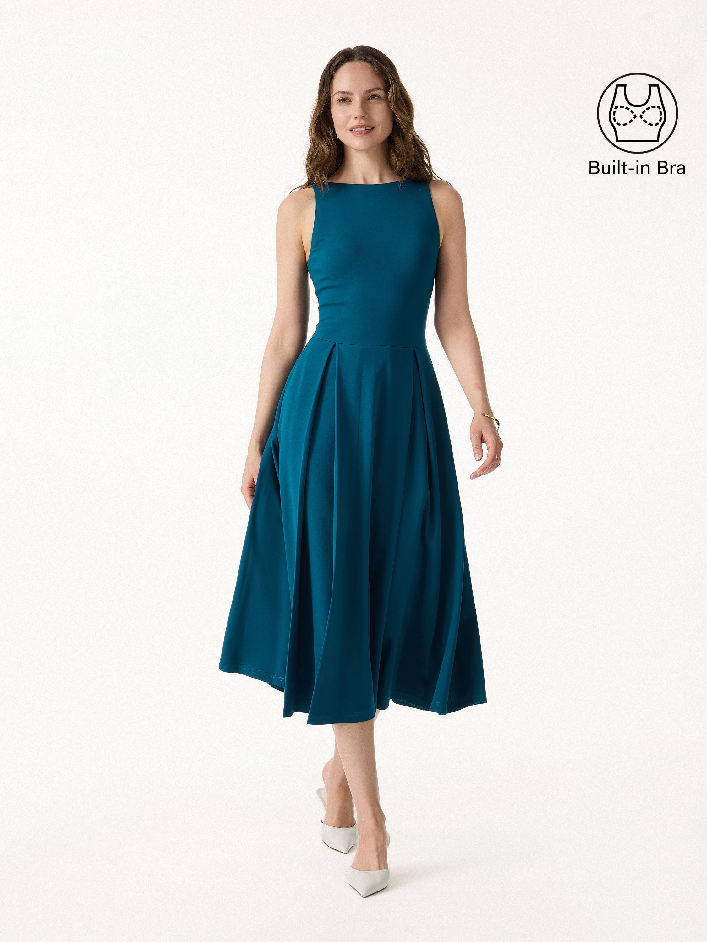 OGLmove Women's Boatneck Pleated Fit-and-Flare Midi Bra Dress with Pockets