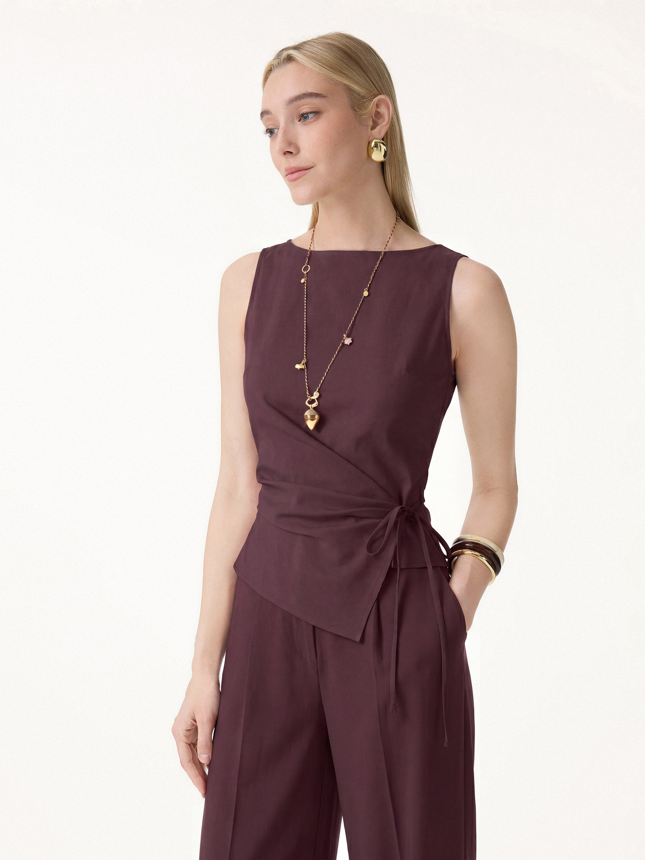 OGLmove Lyocell-Linen Blend Boatneck Waist-Defined Top