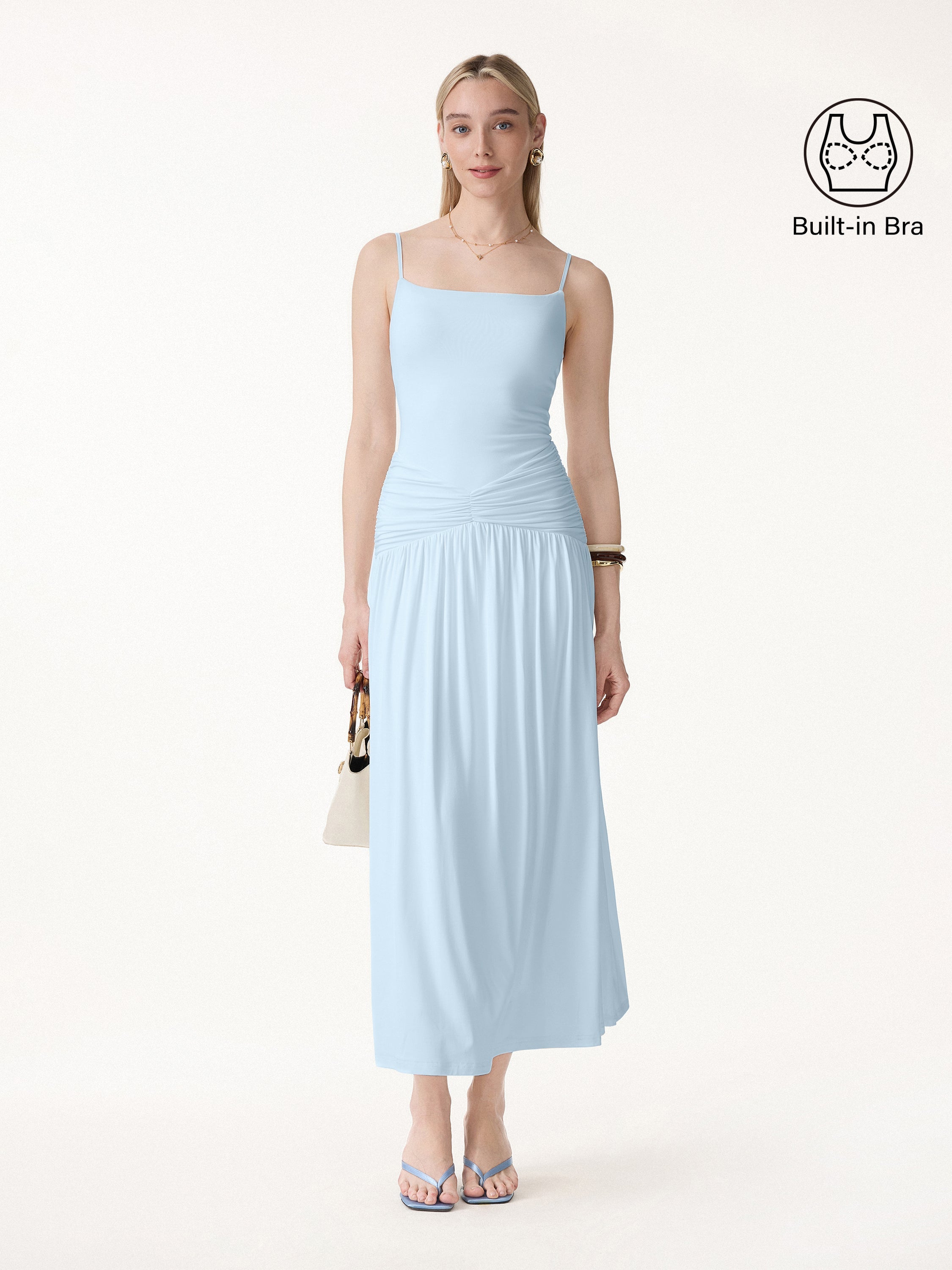 OGLmove Not-See-Thru Spaghetti Gathered Maxi Bra Dress
