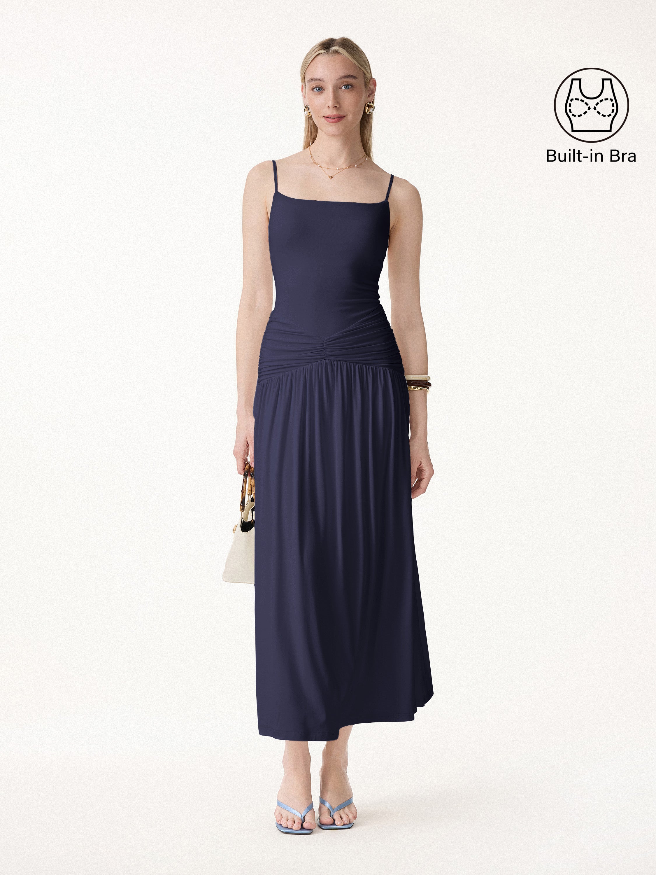 OGLmove Not-See-Thru Spaghetti Gathered Maxi Bra Dress