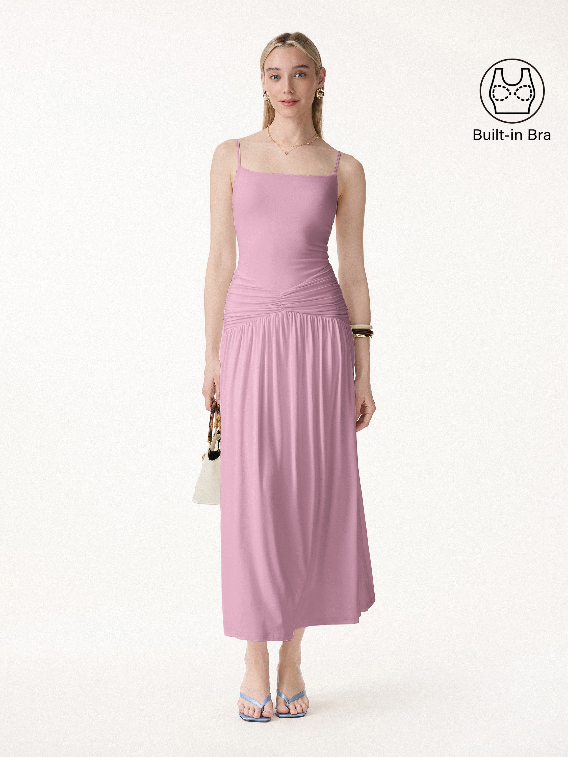 OGLmove Not-See-Thru Spaghetti Gathered Maxi Bra Dress