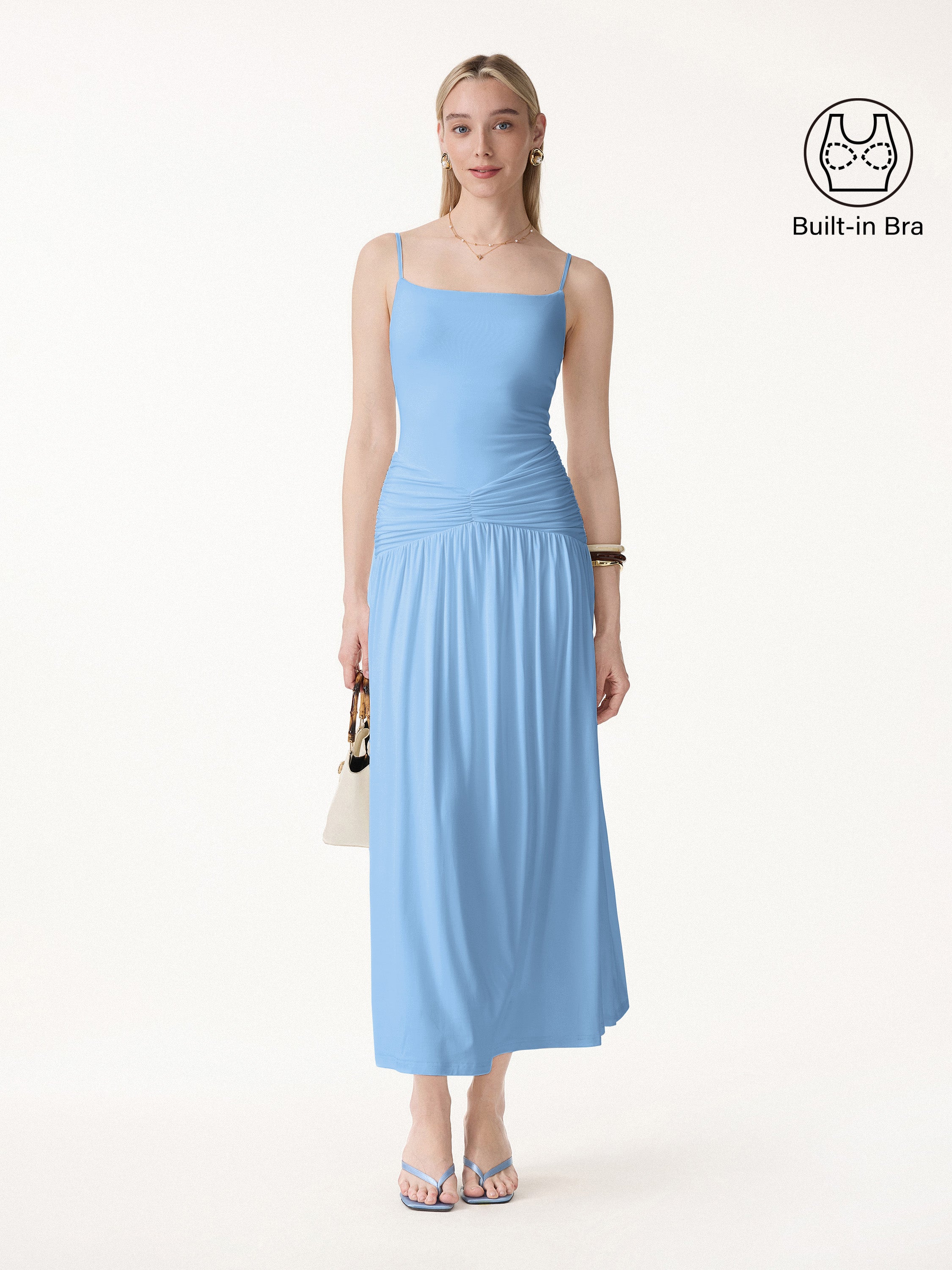 OGLmove Not-See-Thru Spaghetti Gathered Maxi Bra Dress
