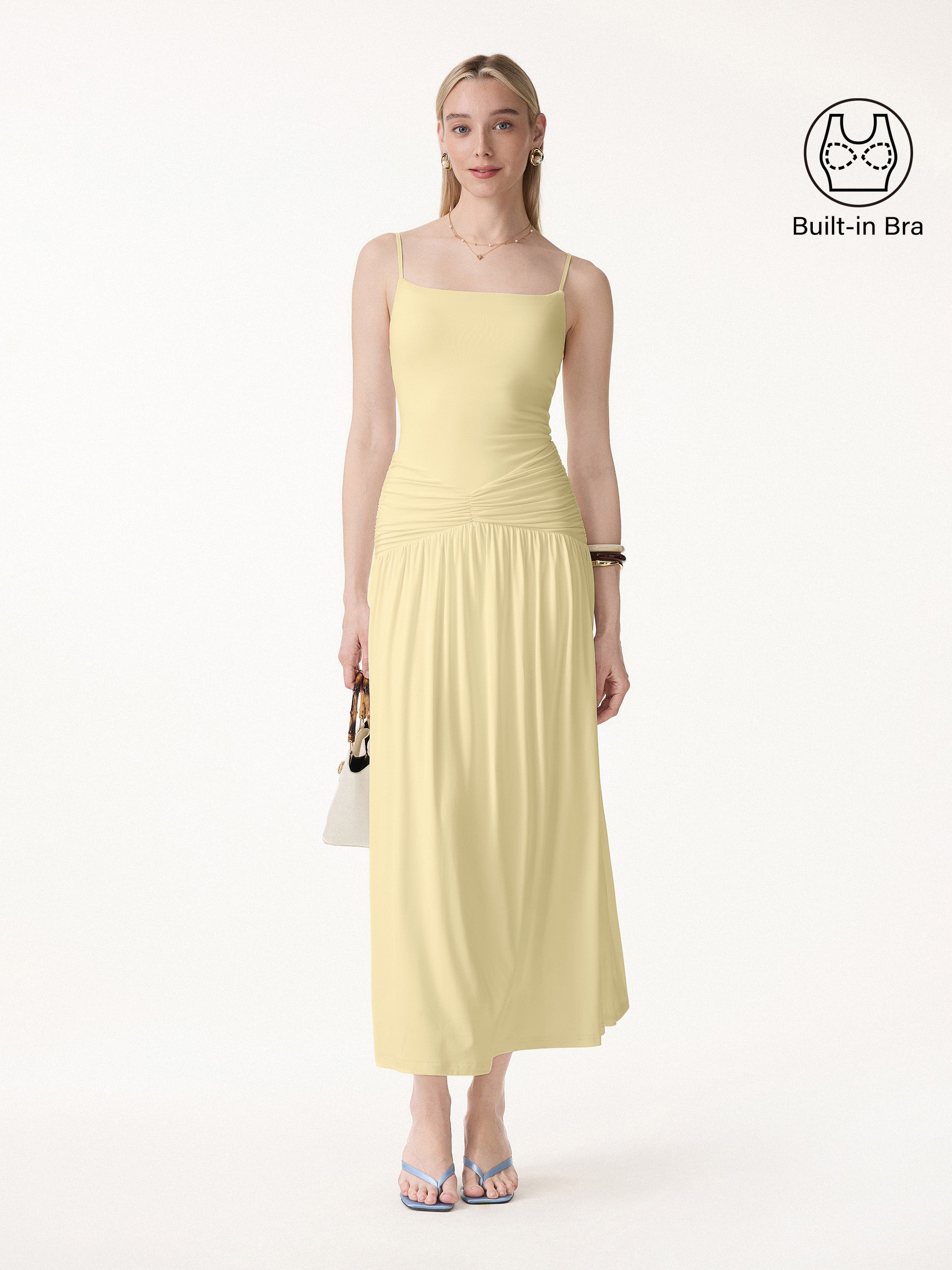 OGLmove Not-See-Thru Spaghetti Gathered Maxi Bra Dress