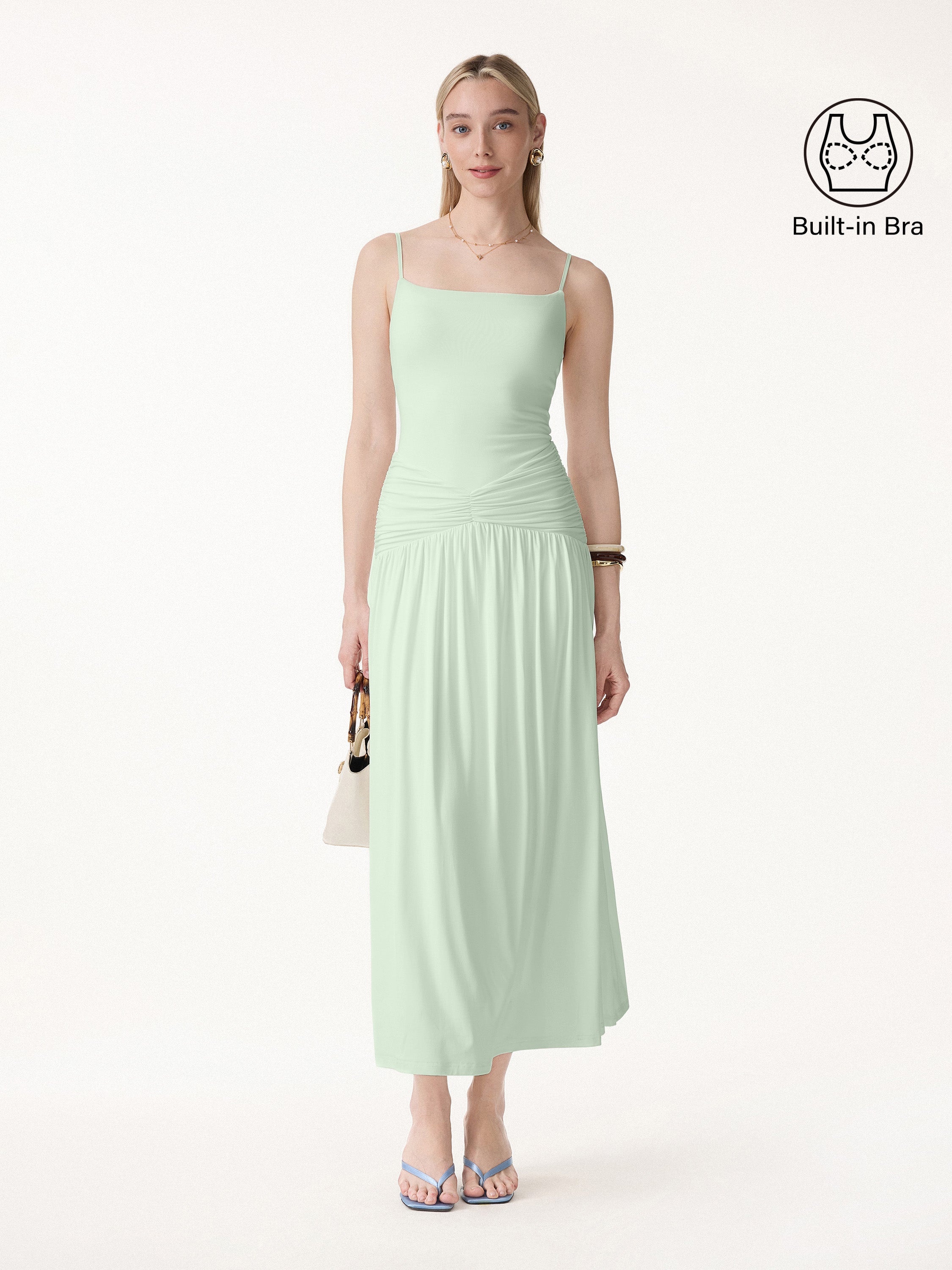 OGLmove Not-See-Thru Spaghetti Gathered Maxi Bra Dress