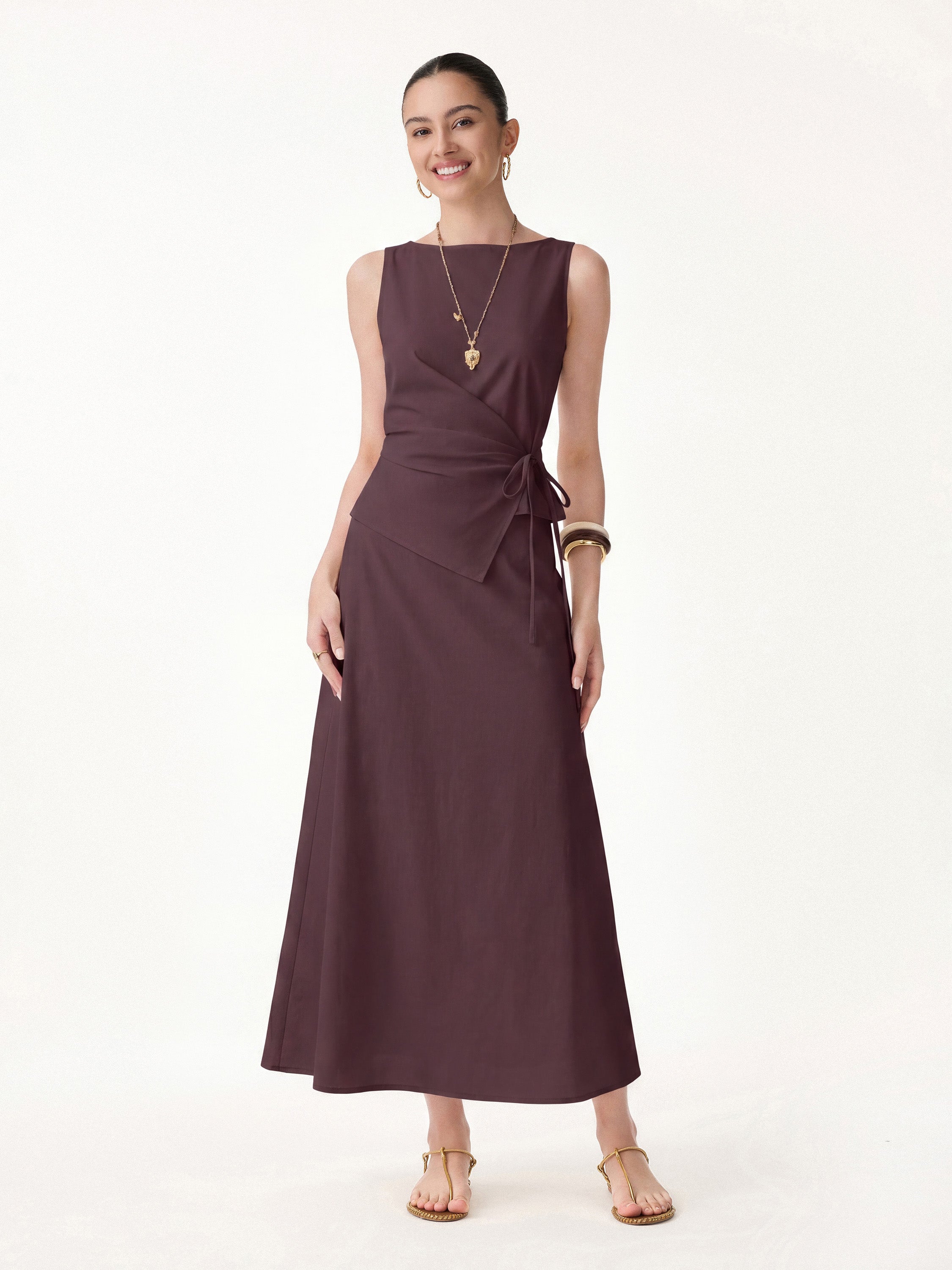 OGLmove Boatneck Waist-Defined Top & Maxi Flared Pull-On Skirt Set