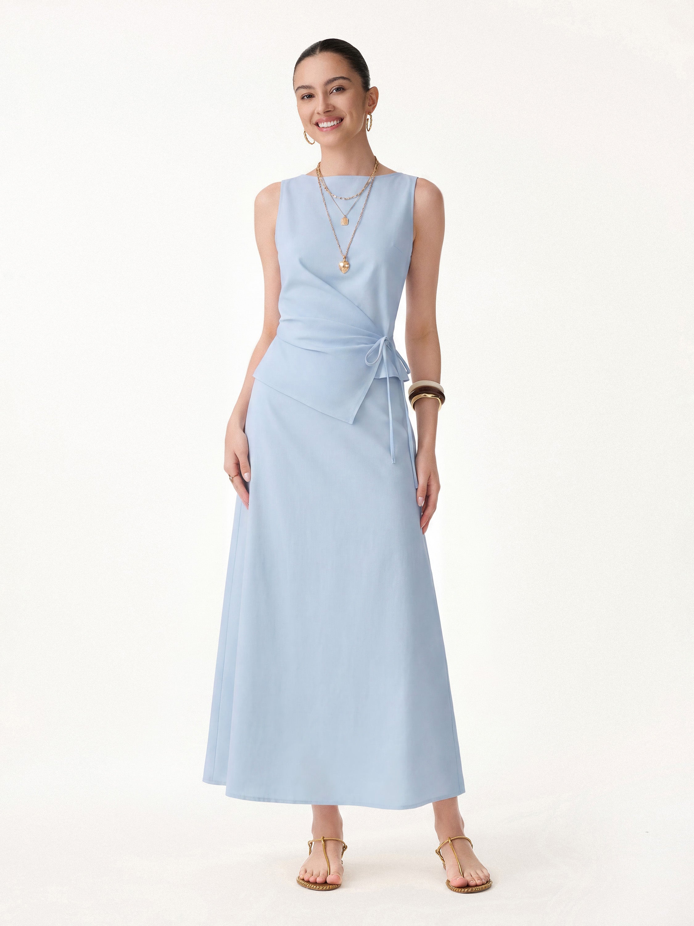OGLmove Boatneck Waist-Defined Top & Maxi Flared Pull-On Skirt Set