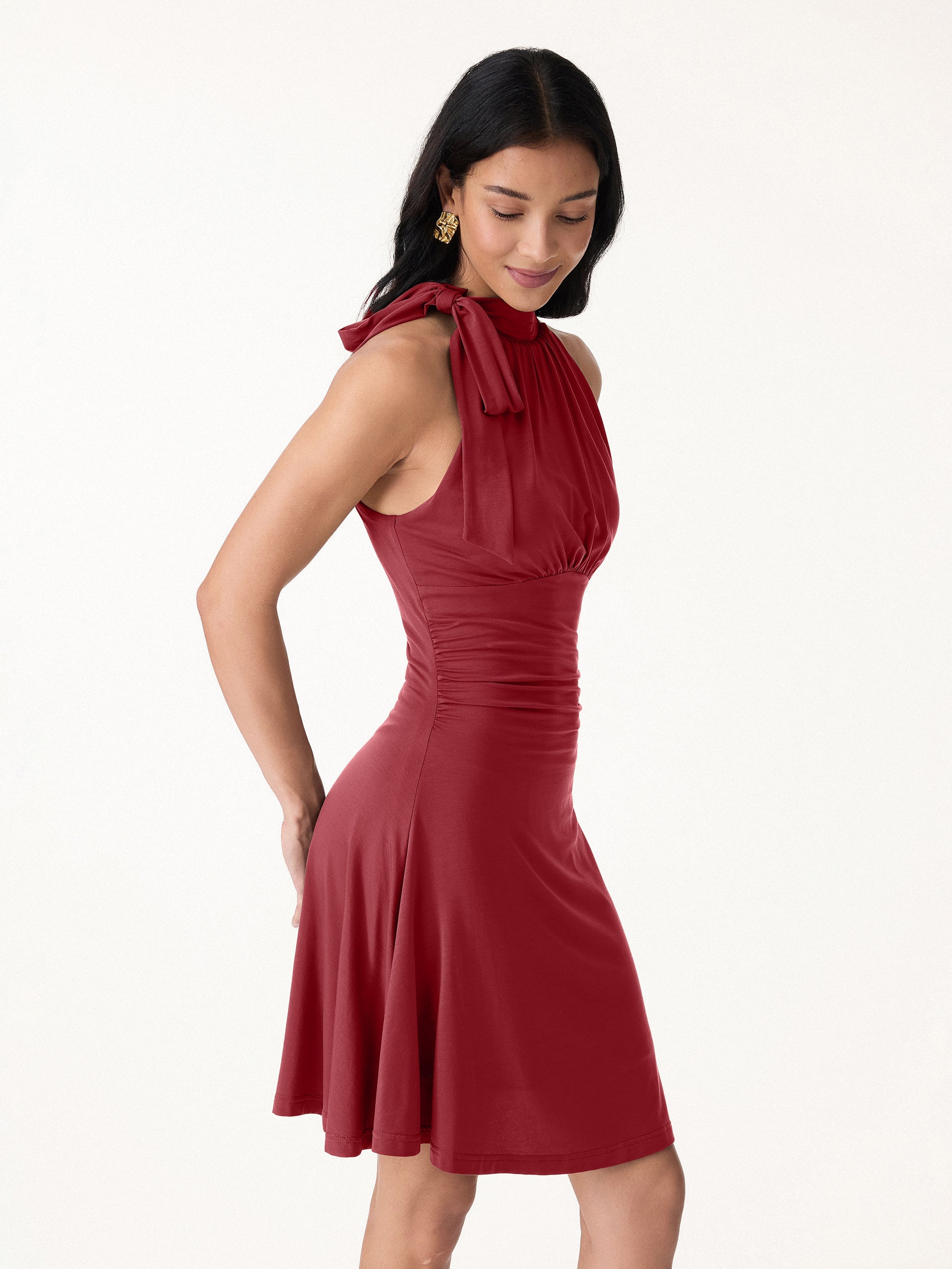 OGLmove Milky Matte Mockneck Bow Tie Ruched Mini Bra Dress