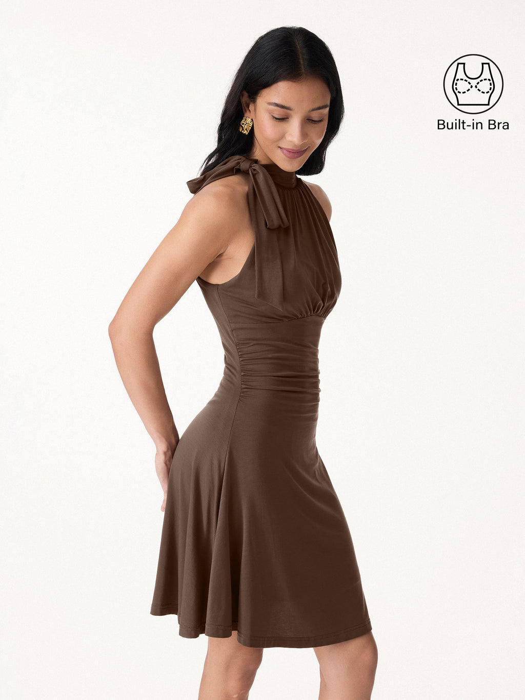 OGLmove Milky Matte Mockneck Bow Tie Ruched Mini Bra Dress