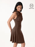 OGLmove Milky Matte Mockneck Bow Tie Ruched Mini Bra Dress