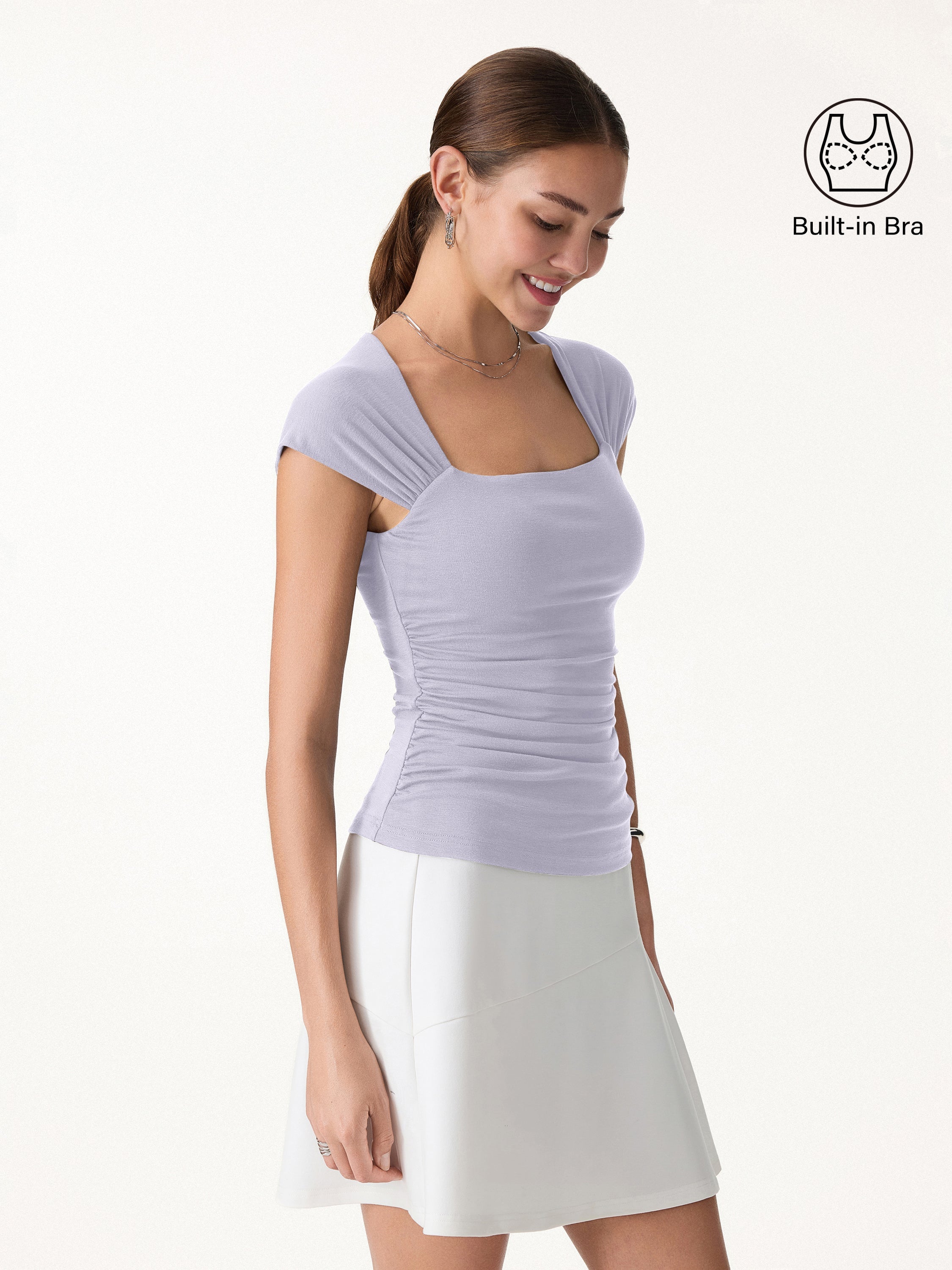 OGLmove Women's Cool-Touch Square Neck Cap Sleeve Ruched Bra Top
