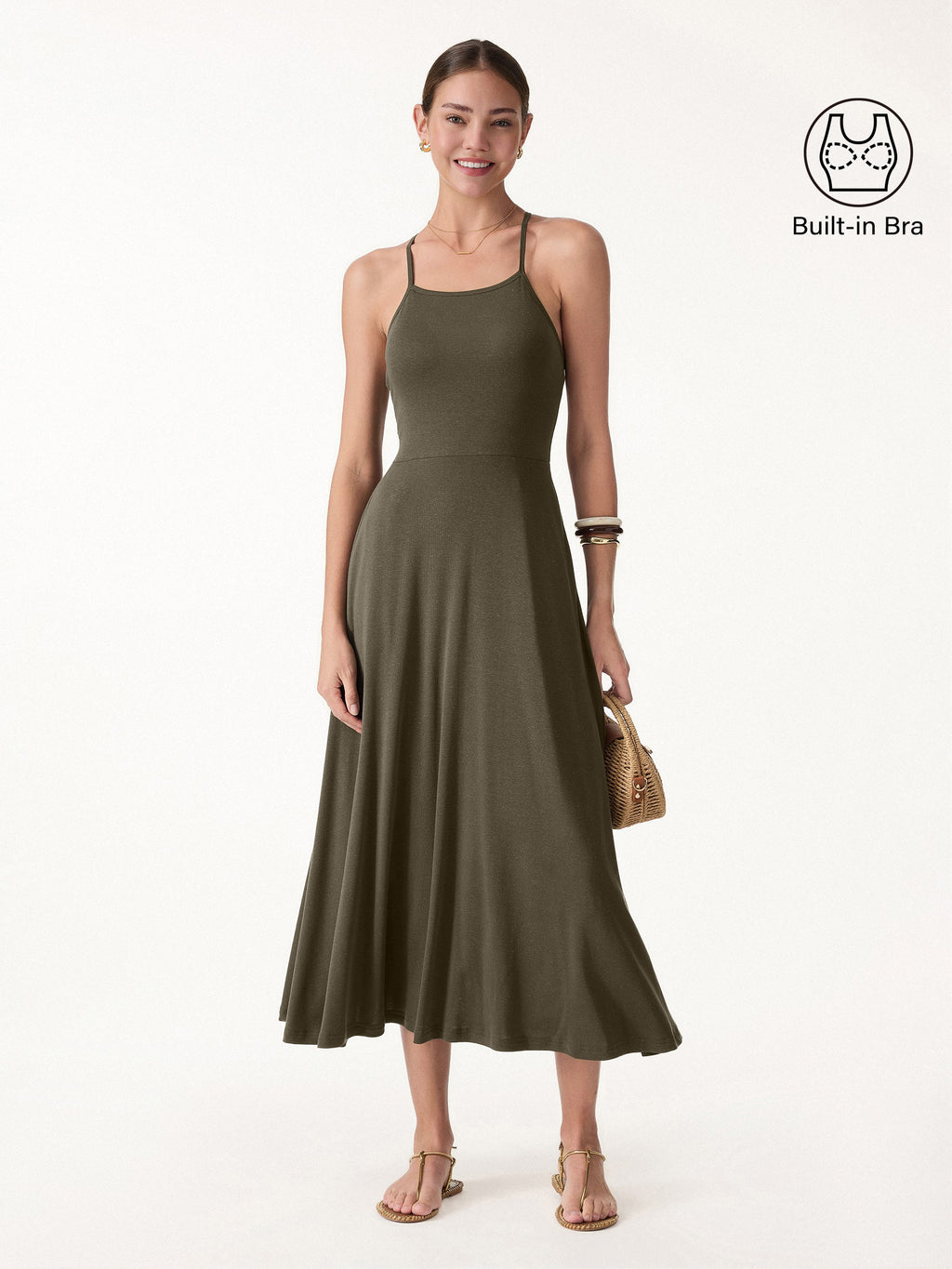OGLmove Soft Linen Knit Spaghetti Midi Bra Dress