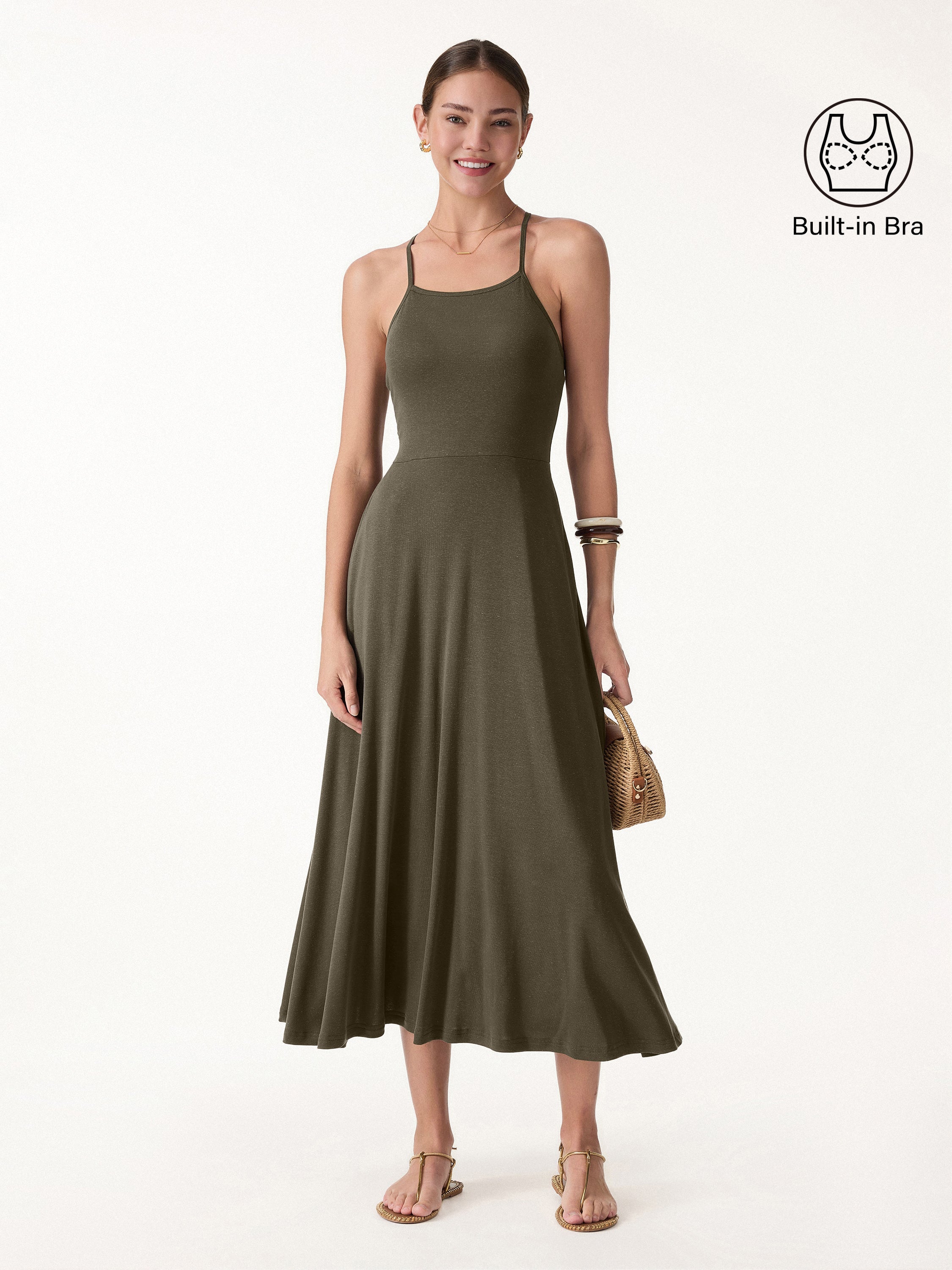 OGLmove Soft Linen Knit Spaghetti Midi Bra Dress