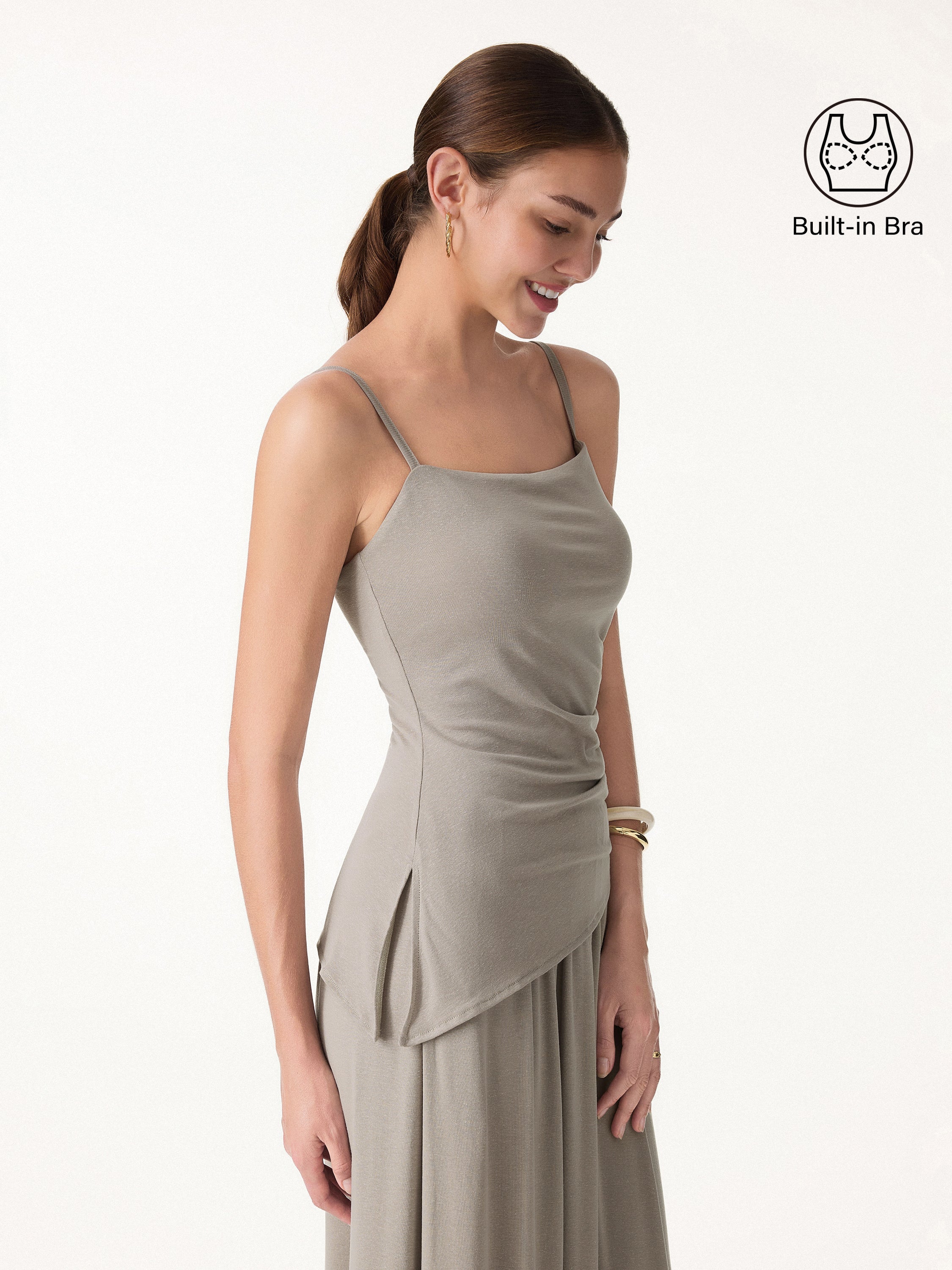 OGLmove Square Neck Spaghetti Bra Top with Side Slit
