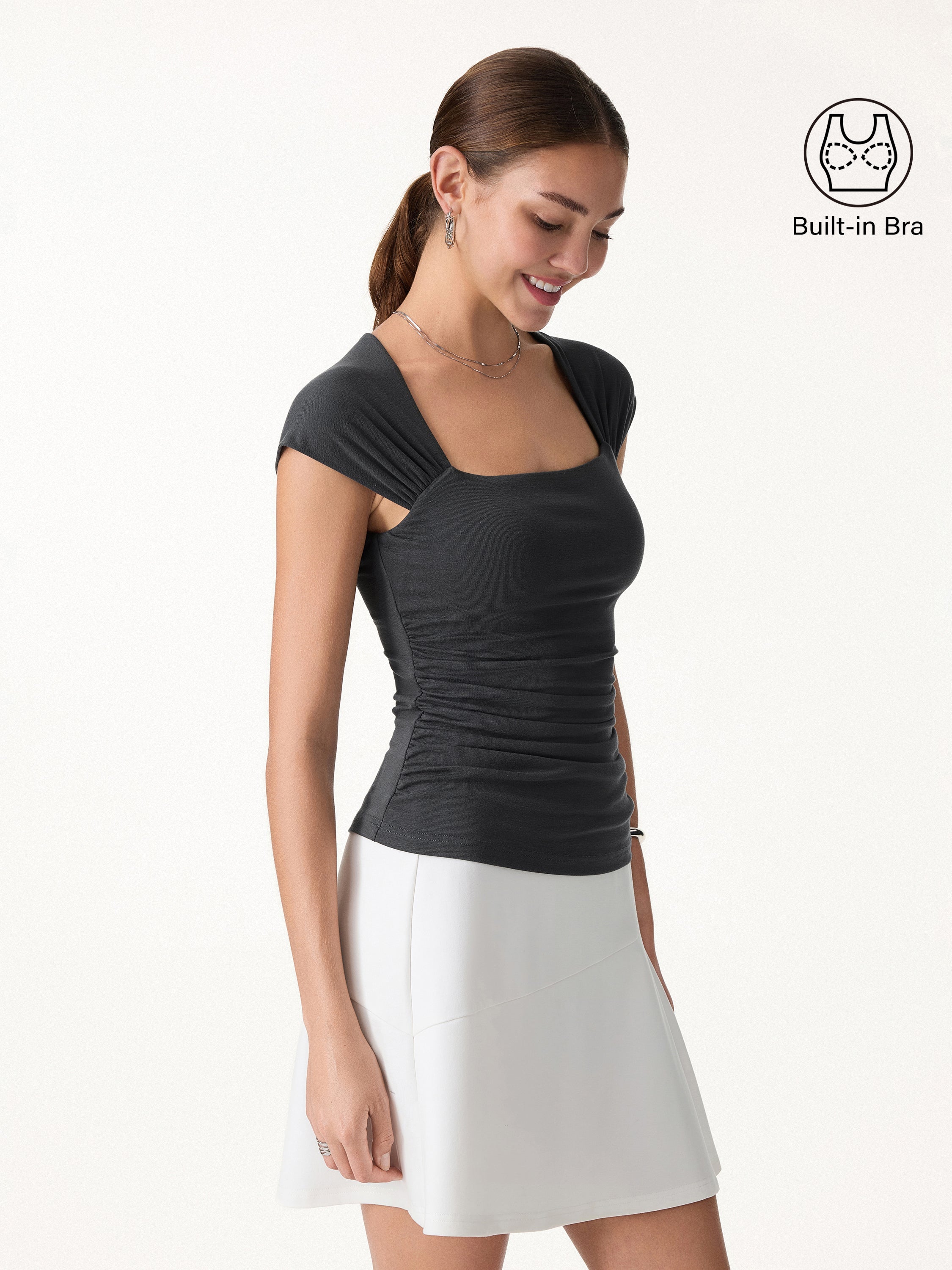 OGLmove Women's Cool-Touch Square Neck Cap Sleeve Ruched Bra Top