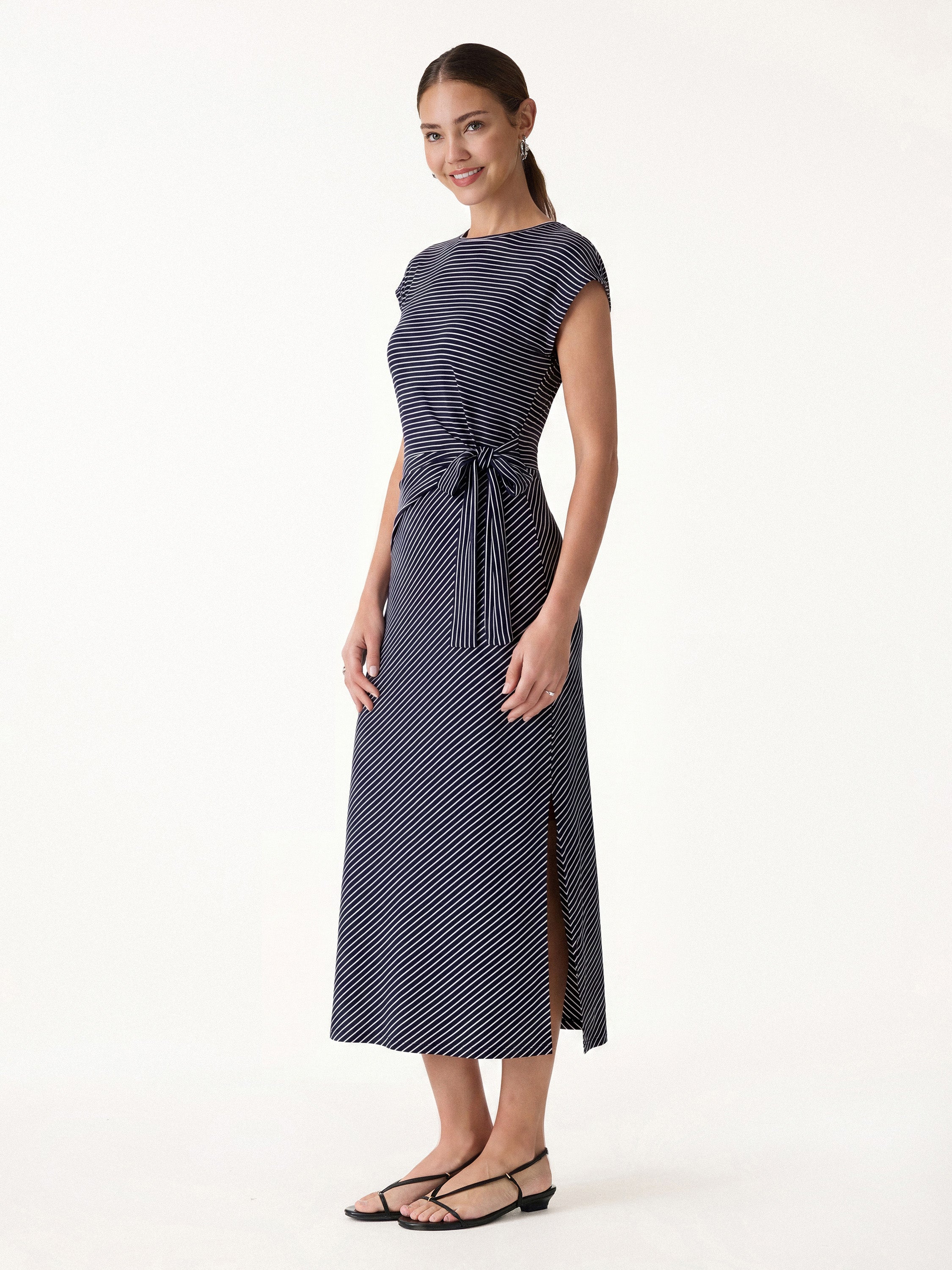 OGLmove Striped Relaxed Midi Dress with Self-Tie