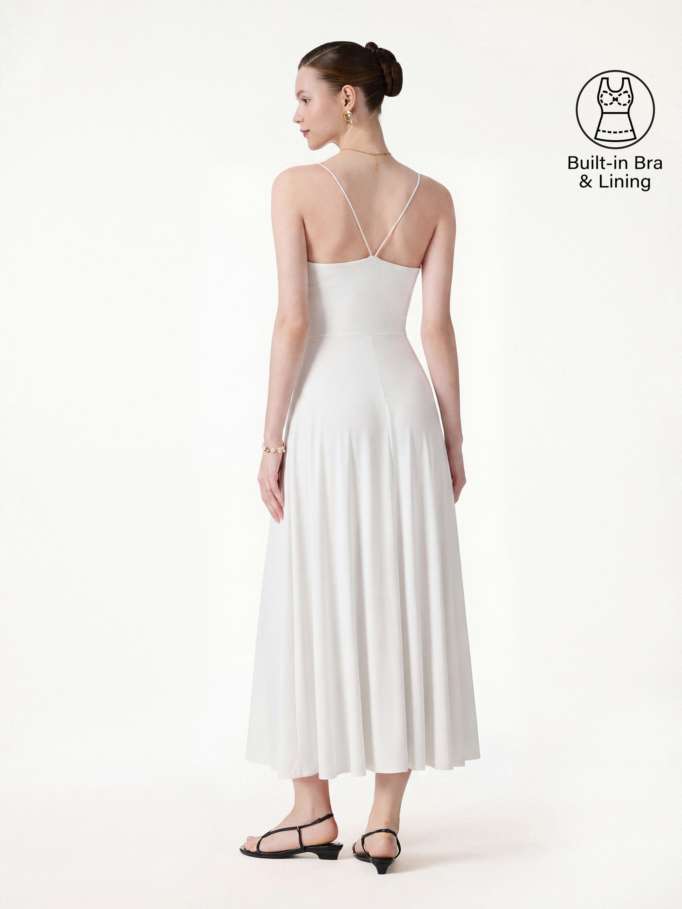 OGLmove Women's Square Neck Spaghetti Open Back Midi Bra Dress with Pockets