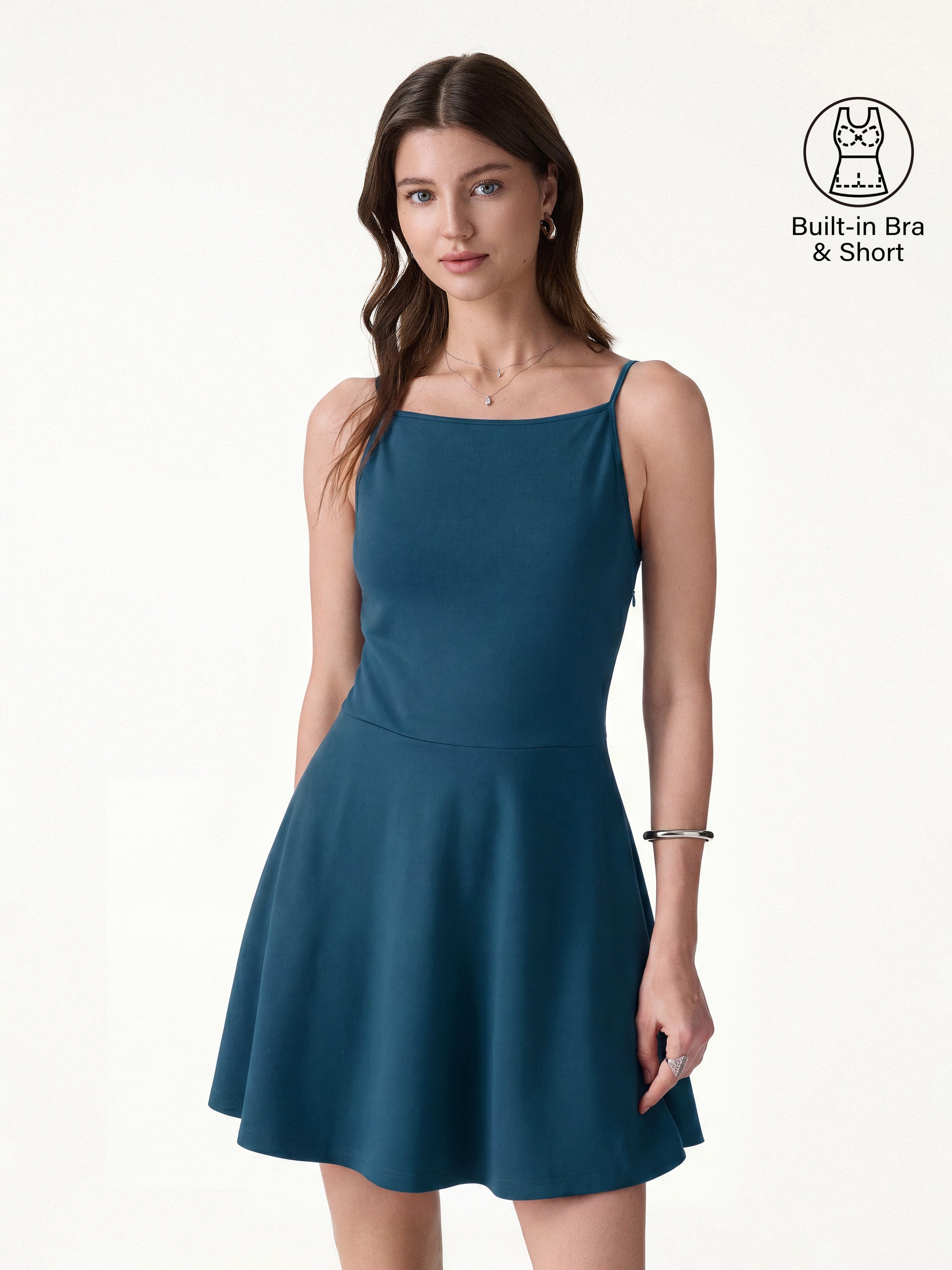 OGLmove Women's Stretch Ponte Square Neck Mini A-Line Bra Dress with Pockets