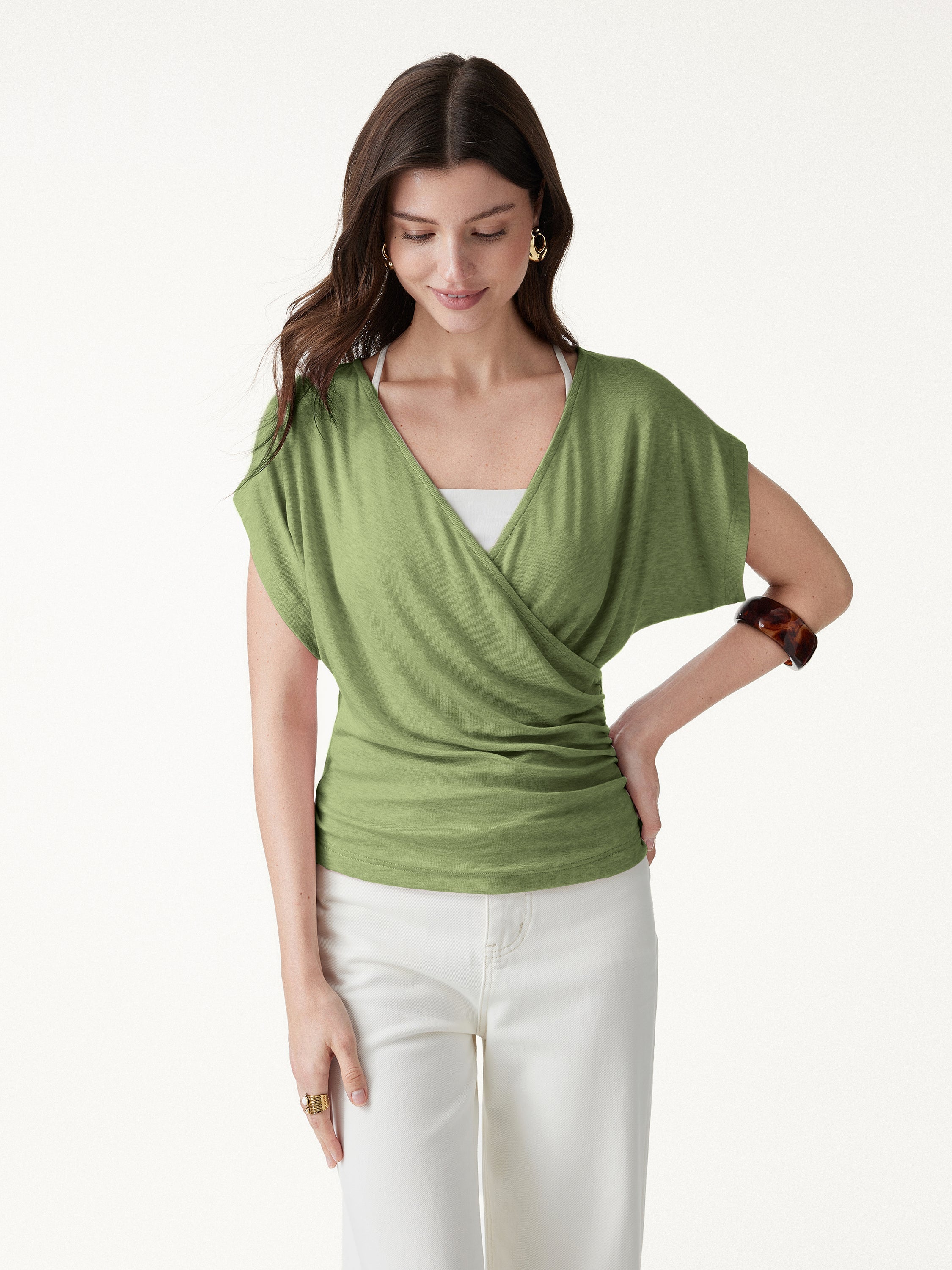 OGLmove Lyocell Blend Ruched Surplice Short Sleeve Top