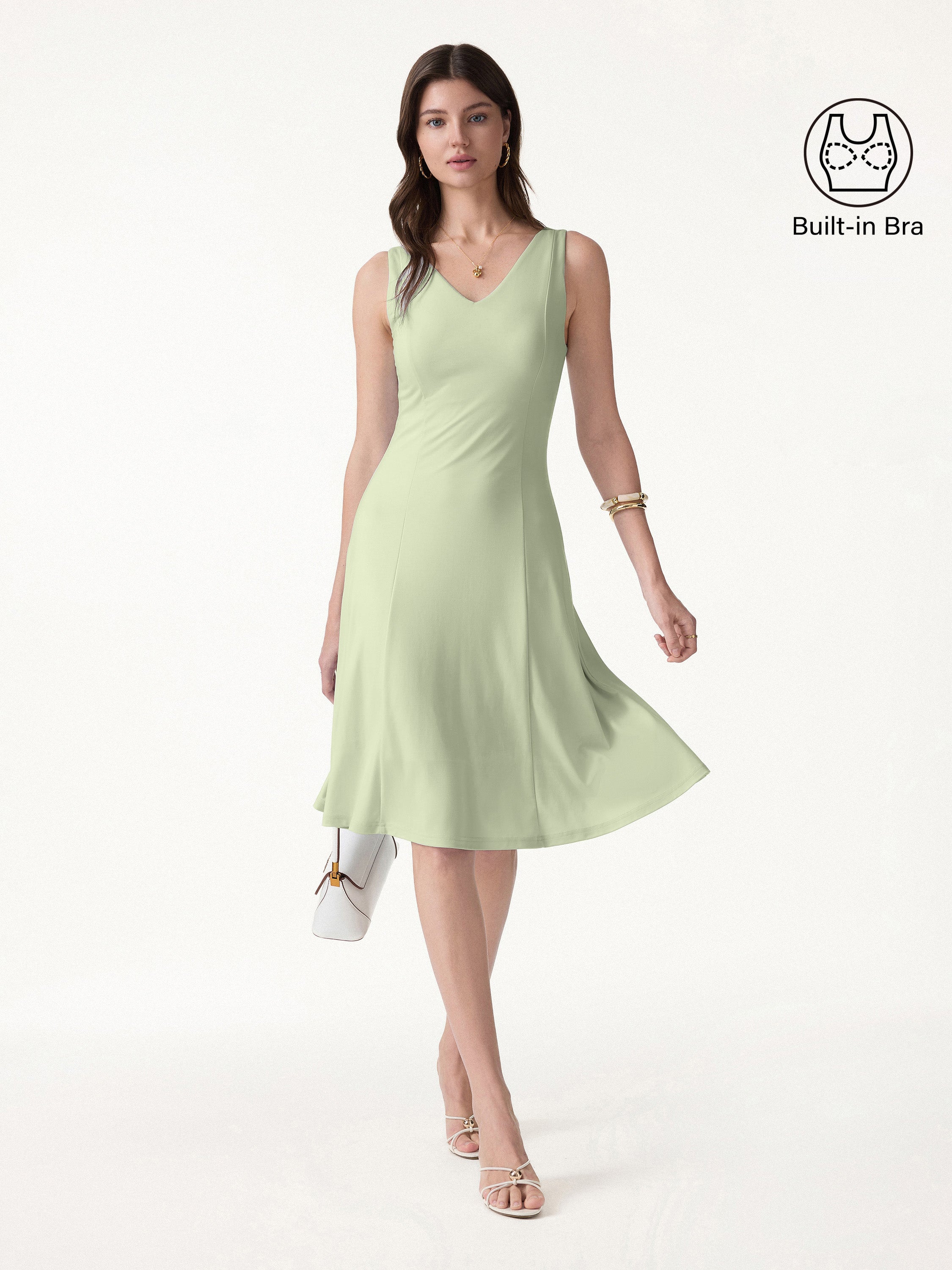 OGLmove Stretch Ponte V-Neck A-Line Midi Bra Dress