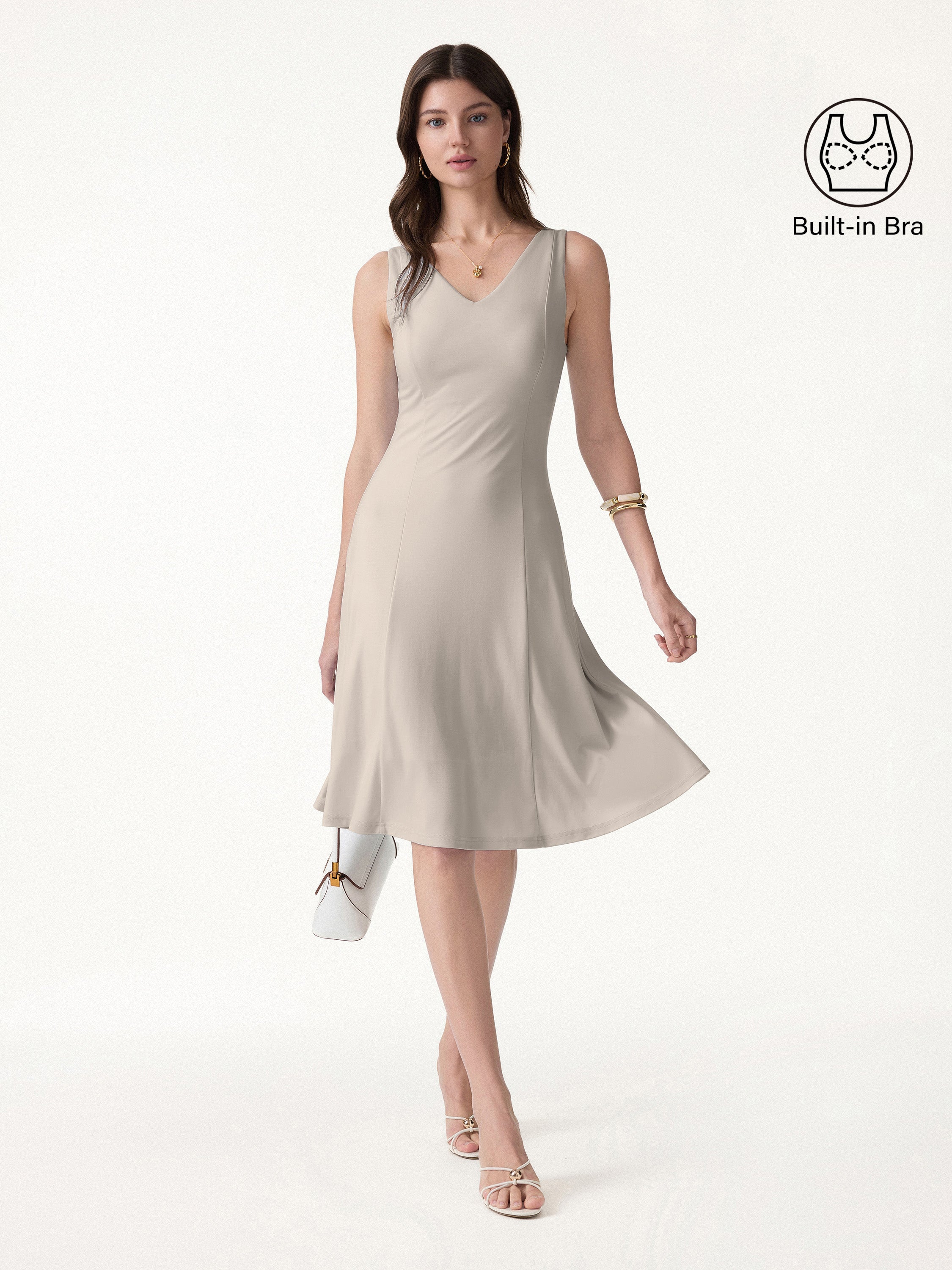 OGLmove Stretch Ponte V-Neck A-Line Midi Bra Dress