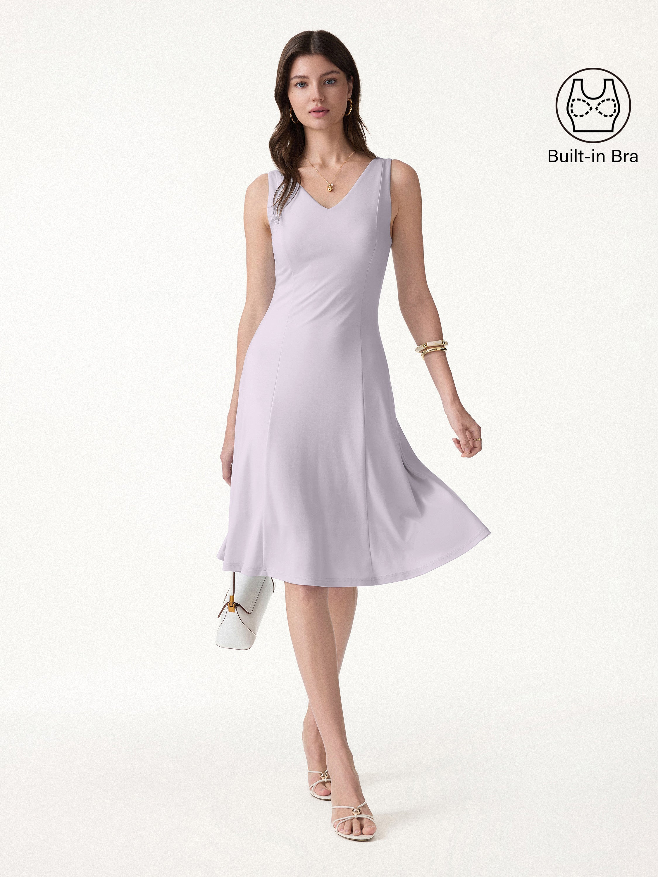 OGLmove Stretch Ponte V-Neck A-Line Midi Bra Dress