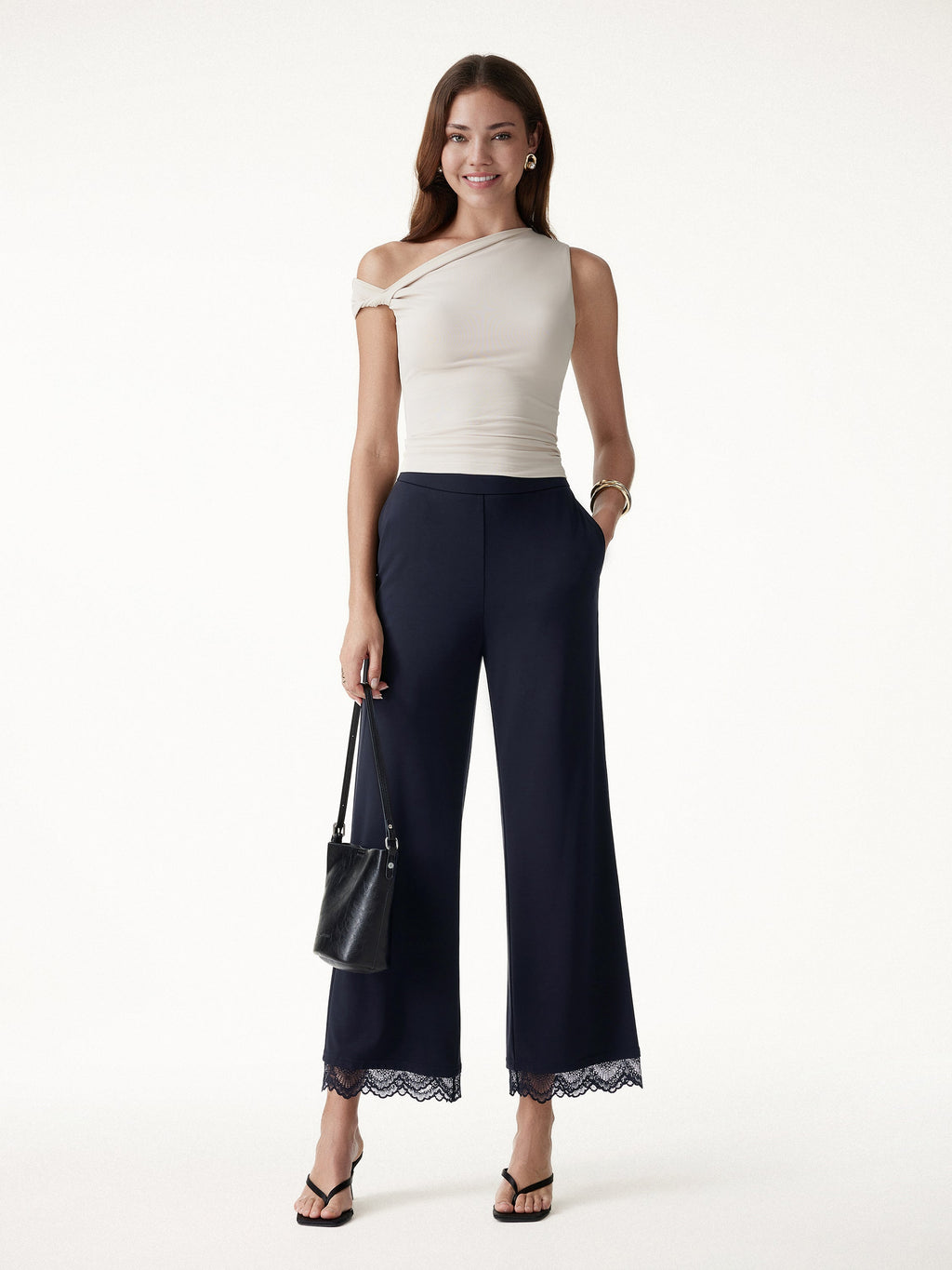 OGLmove Lace Trim Draped Mid Rise Wide Leg Pants with Pockets