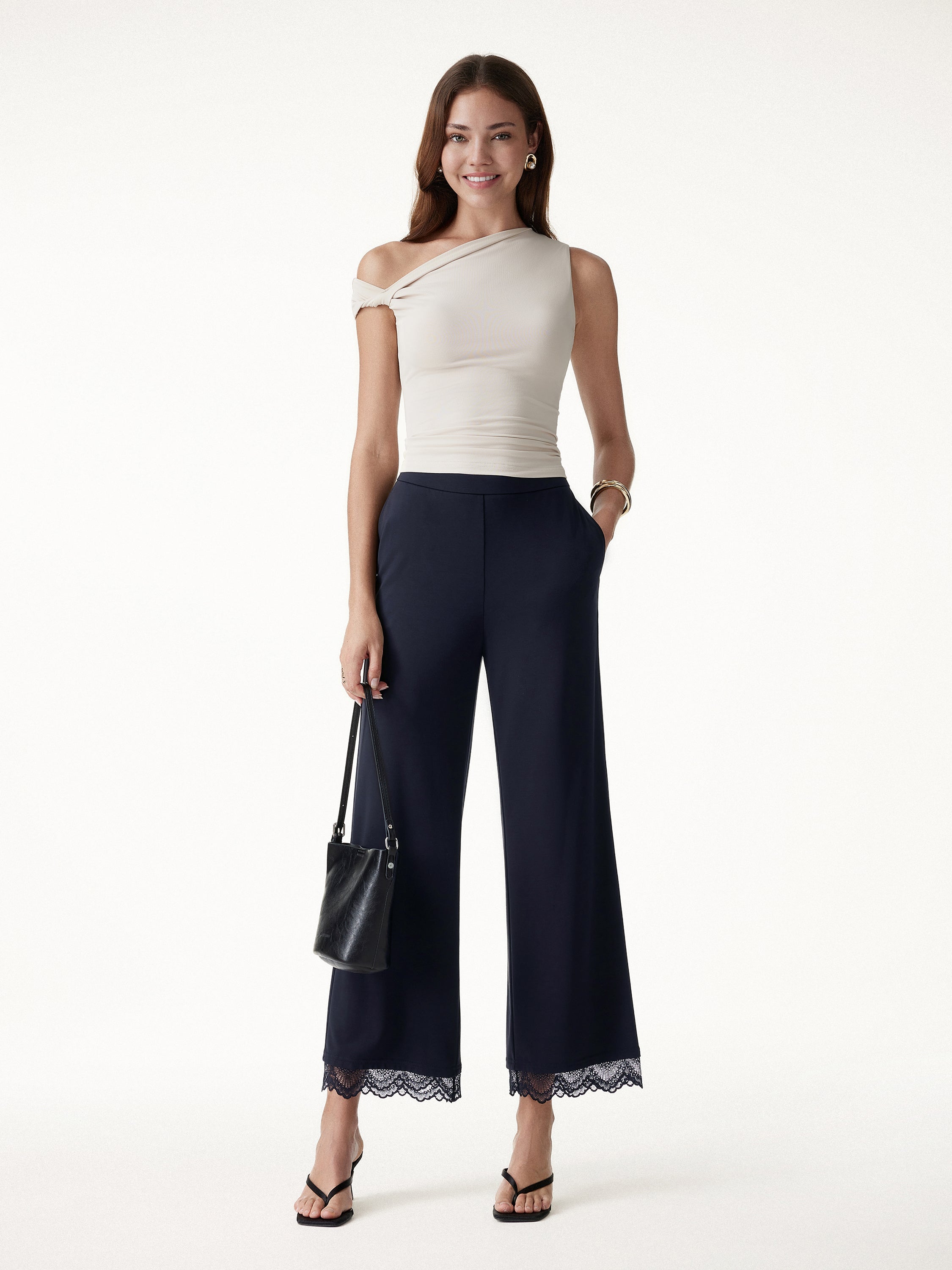 OGLmove Lace Trim Draped Mid Rise Wide Leg Pants with Pockets
