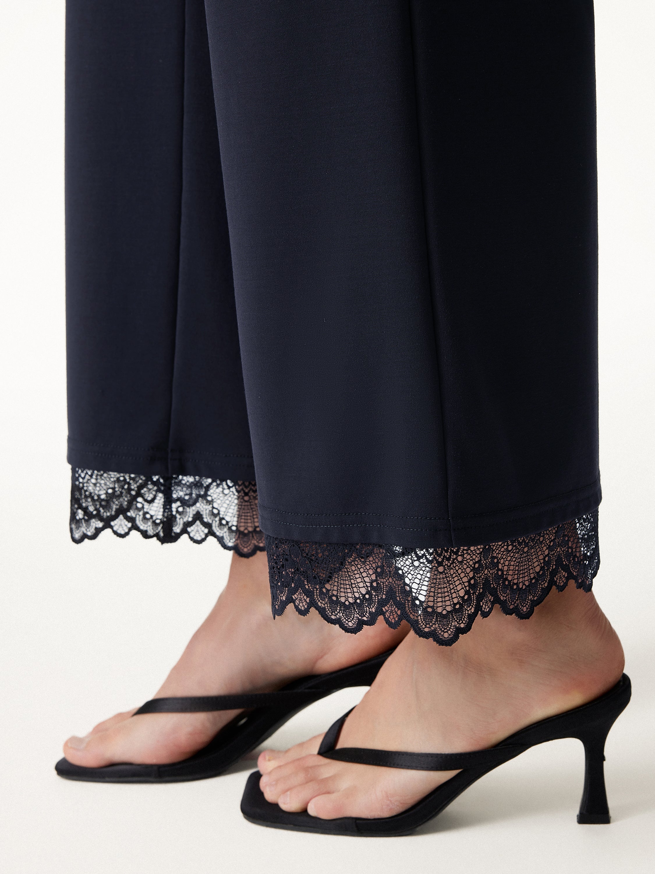 OGLmove Lace Trim Draped Mid Rise Wide Leg Pants with Pockets