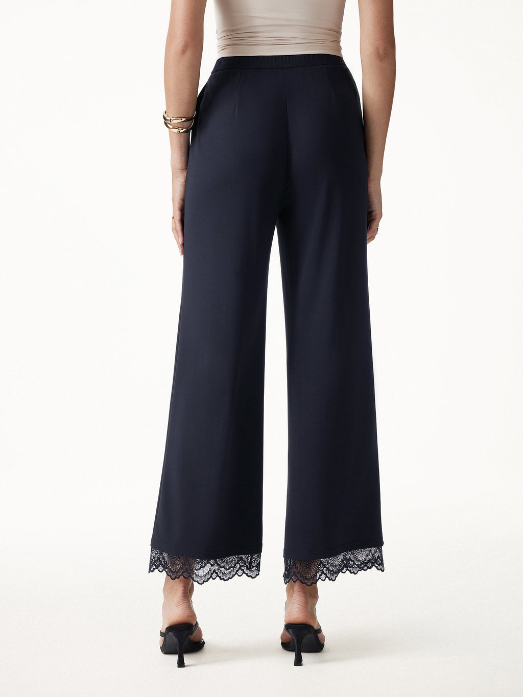OGLmove Lace Trim Draped Mid Rise Wide Leg Pants with Pockets