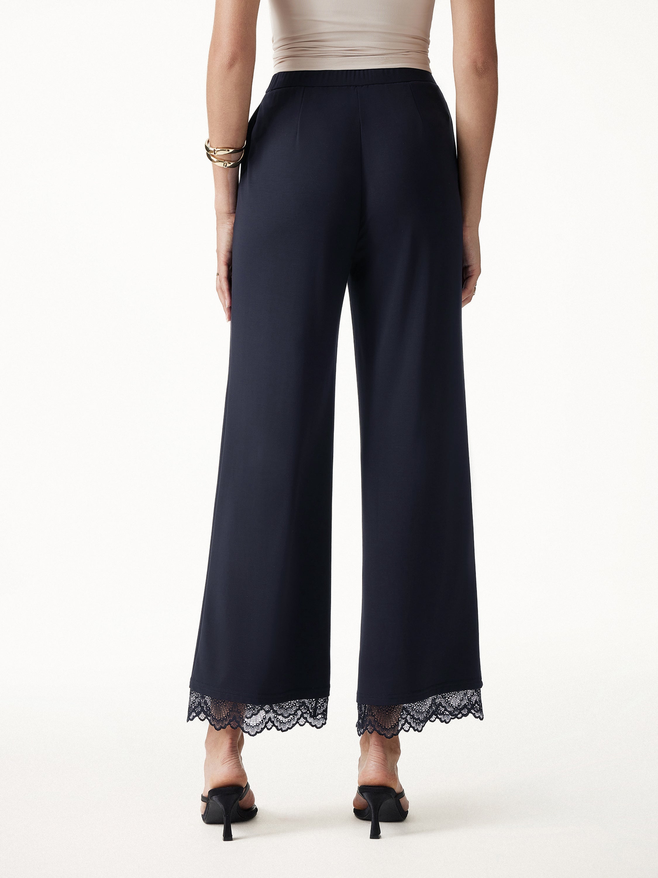 OGLmove Lace Trim Draped Mid Rise Wide Leg Pants with Pockets