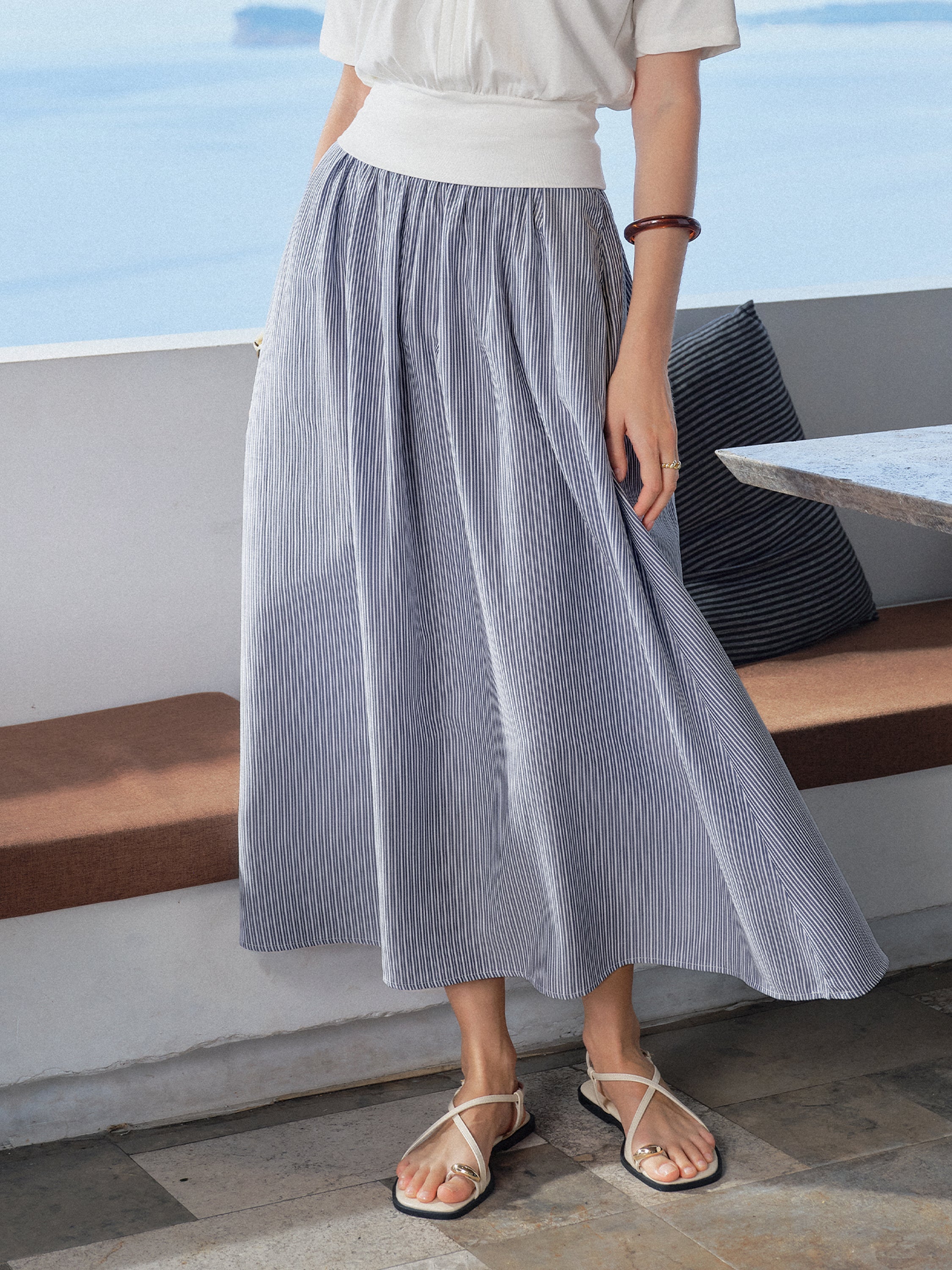 OGLmove Striped Poplin High Rise Umbrella Midi Skirt with Pockets