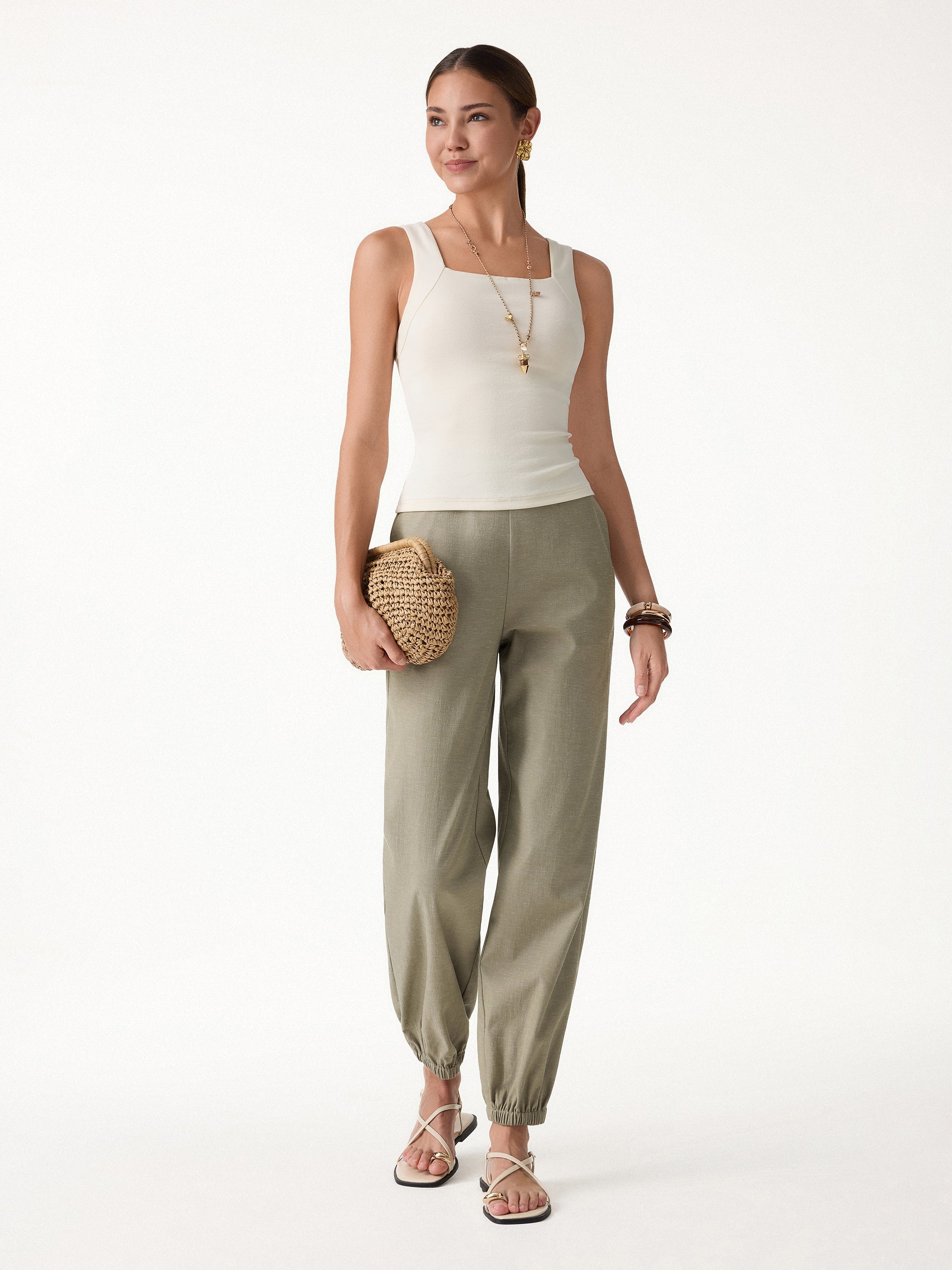 OGLmove Linen-Like High-Rise Balloon Jogger Pants with Pockets